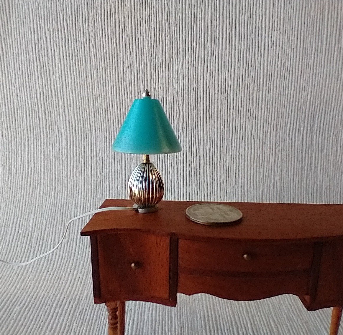 1:12 dollhouse table lamp pearlescent turquoise shade and silver fluted lamp base Battery operated with external wires