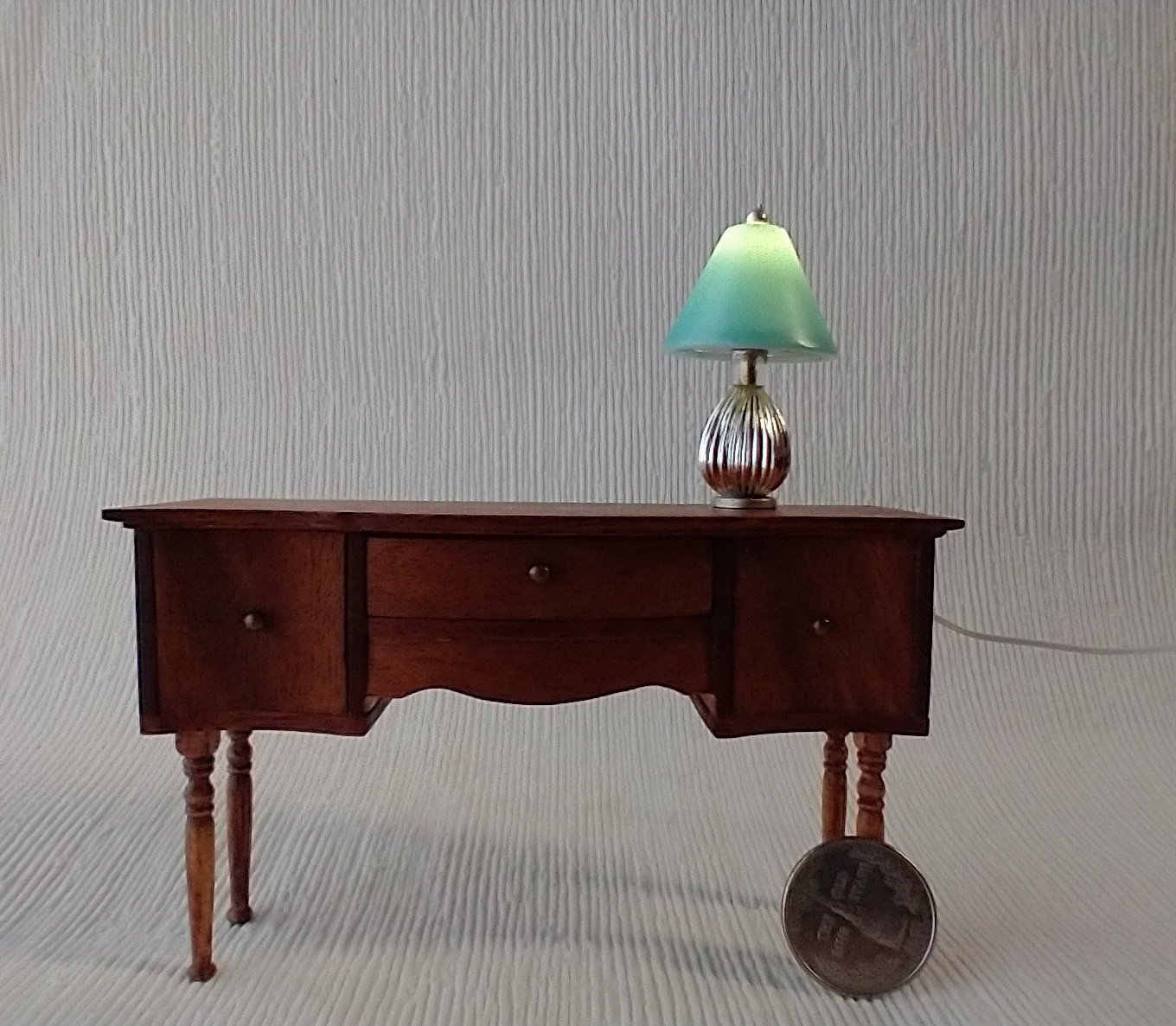 1:12 dollhouse table lamp pearlescent turquoise shade and silver fluted lamp base Battery operated with external wires