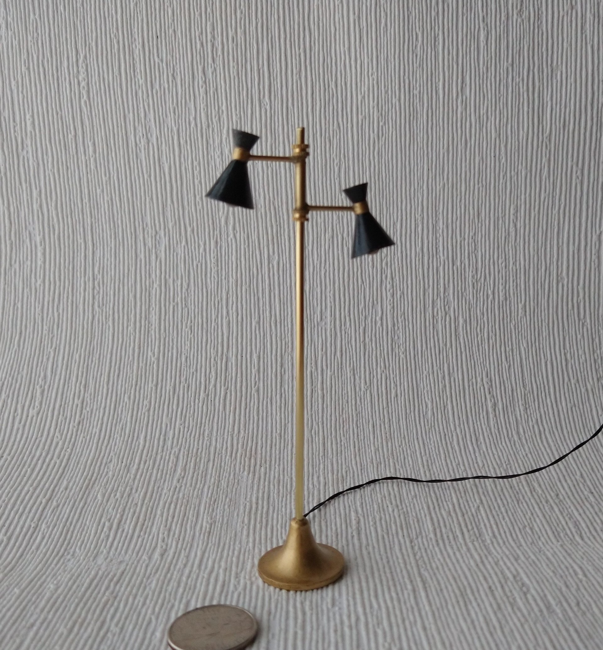 RESERVED 1:12 dollhouse miniature 2-light floor lamp with black cones Mid-century modern styled floor lamp Battery operated MCM dollhouse light