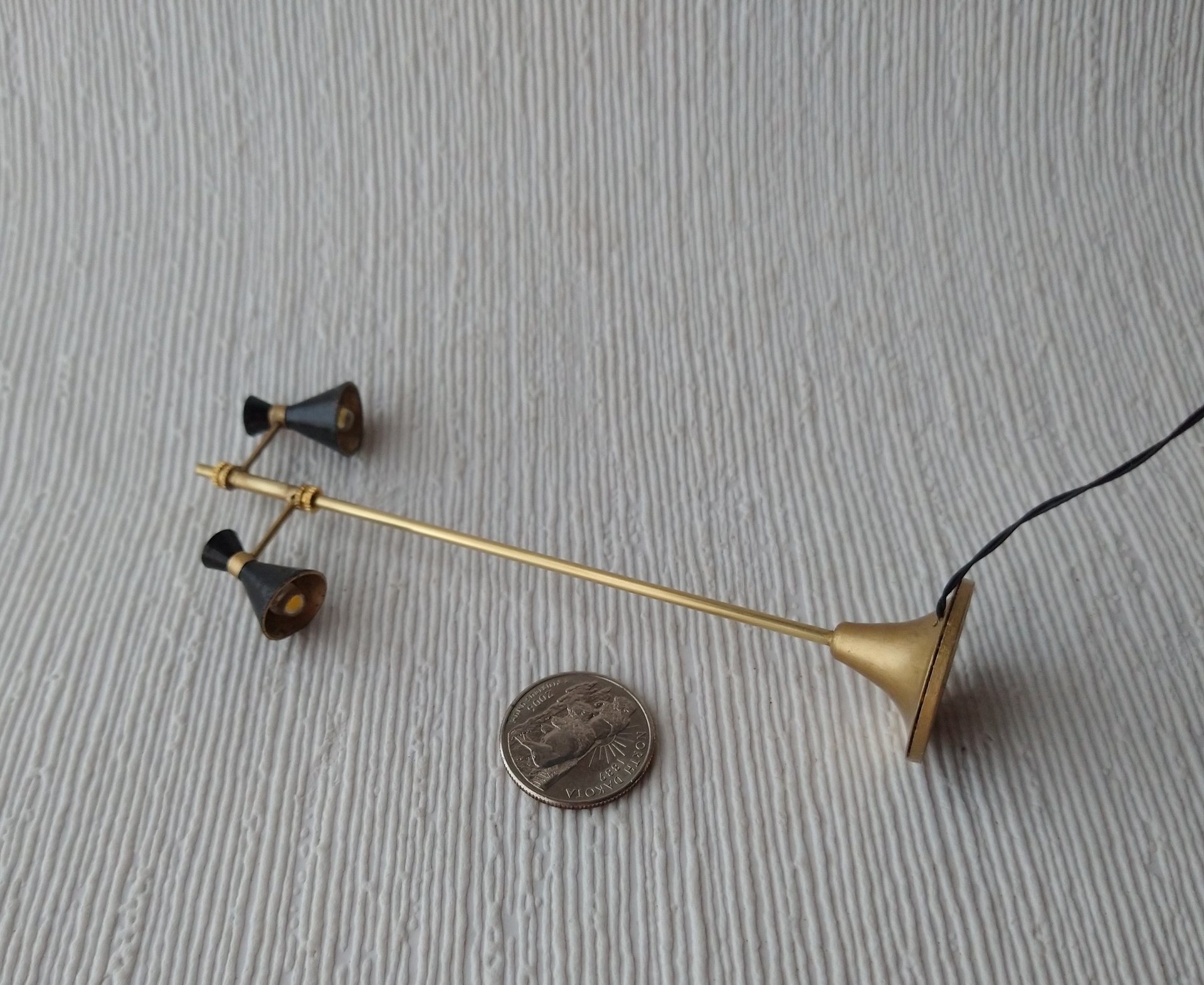 RESERVED 1:12 dollhouse miniature 2-light floor lamp with black cones Mid-century modern styled floor lamp Battery operated MCM dollhouse light