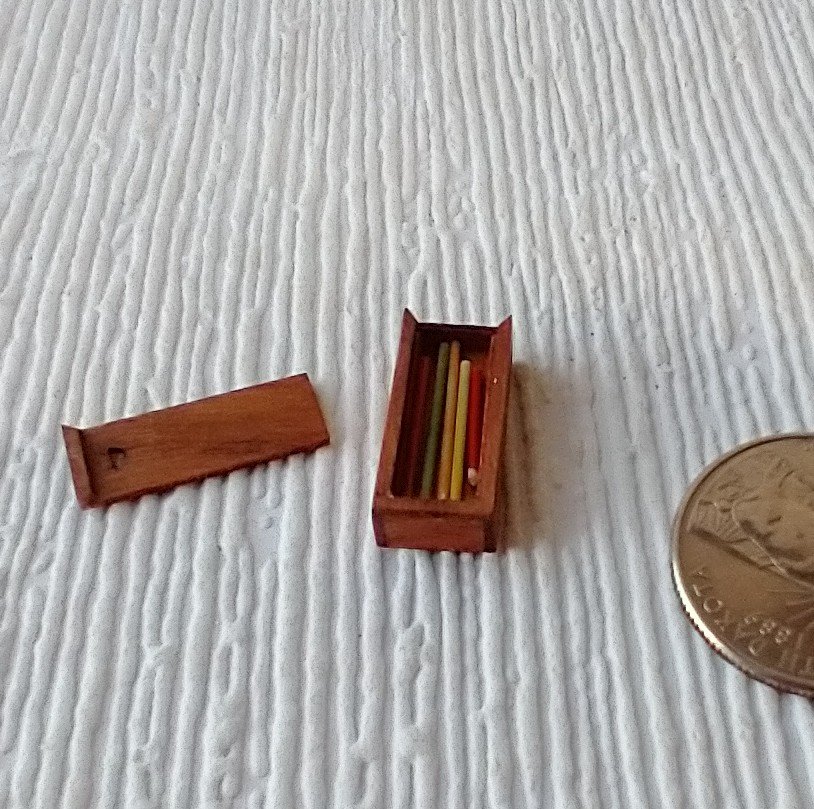 1:12 dollhouse miniature pencil box made from solid cherry wood comes with five pencils