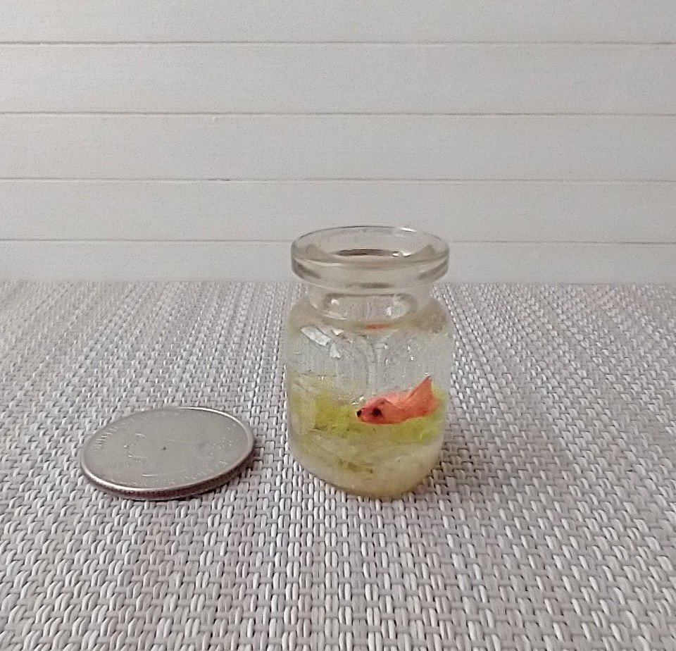 1:12 dollhouse miniature glass fish bowl with one solitary goldfish - light green plant