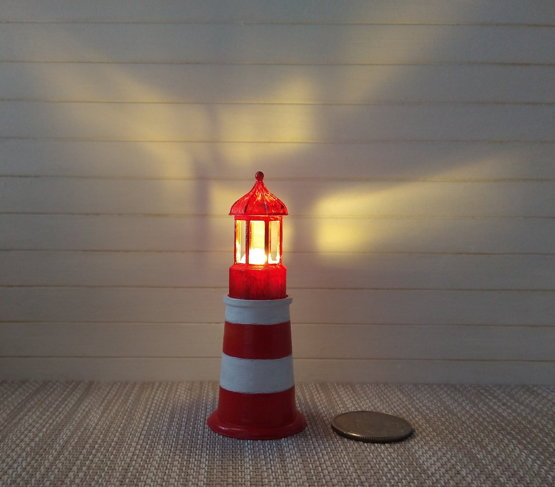 1:12 dollhouse red lighthouse lamp Miniature accent light for deck or patio or garden or porch Battery operated novelty light