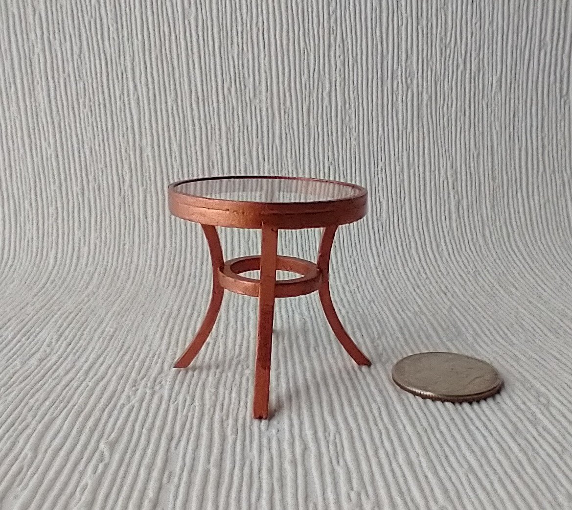 1:12 Dollhouse side table with clear acrylic top faux wrought iron in copper color for patio or deck or modern home Round end table