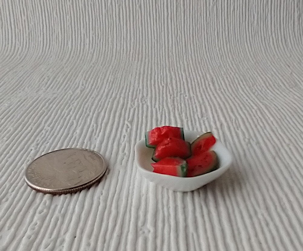 1:12 Dollhouse miniature handmade watermelon slices on polygonal white ceramic plate