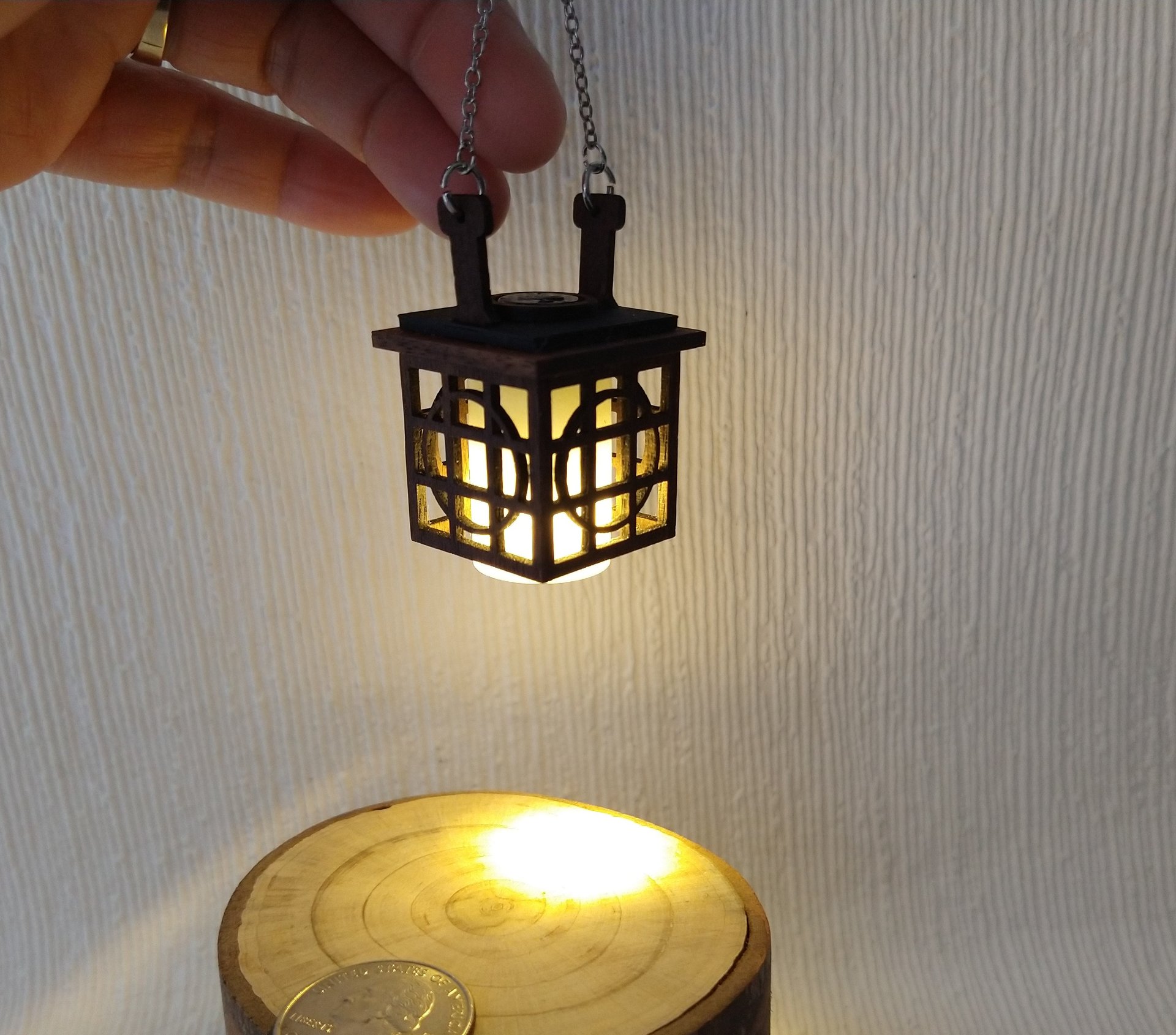 1:12 Dollhouse miniature hanging lantern light in solid walnut Japanese styled lantern pendant light for portch or foyer or deck or dining room