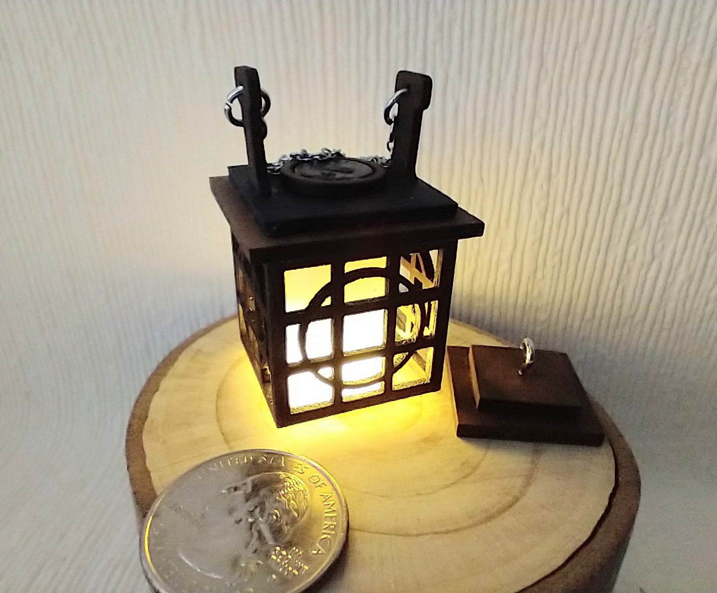 1:12 Dollhouse miniature hanging lantern light in solid walnut Japanese styled lantern pendant light for portch or foyer or deck or dining room