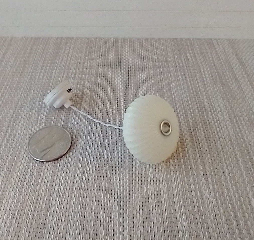 1:12 dollhouse miniature white flat round pendant light with ridges Battery operated mid-century inspired ceiling light MCM styled light