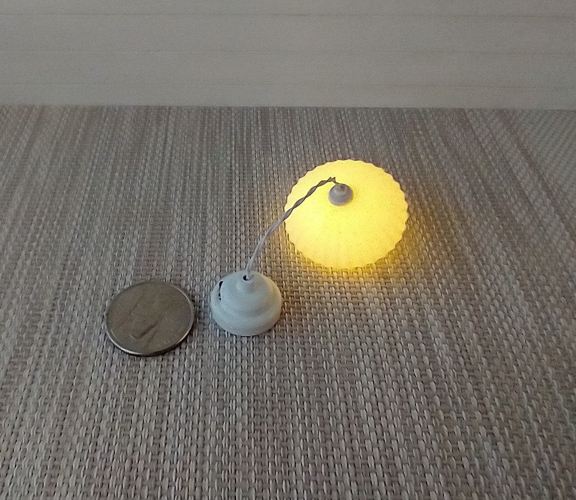 1:12 dollhouse miniature white flat round pendant light with ridges Battery operated mid-century inspired ceiling light MCM styled light