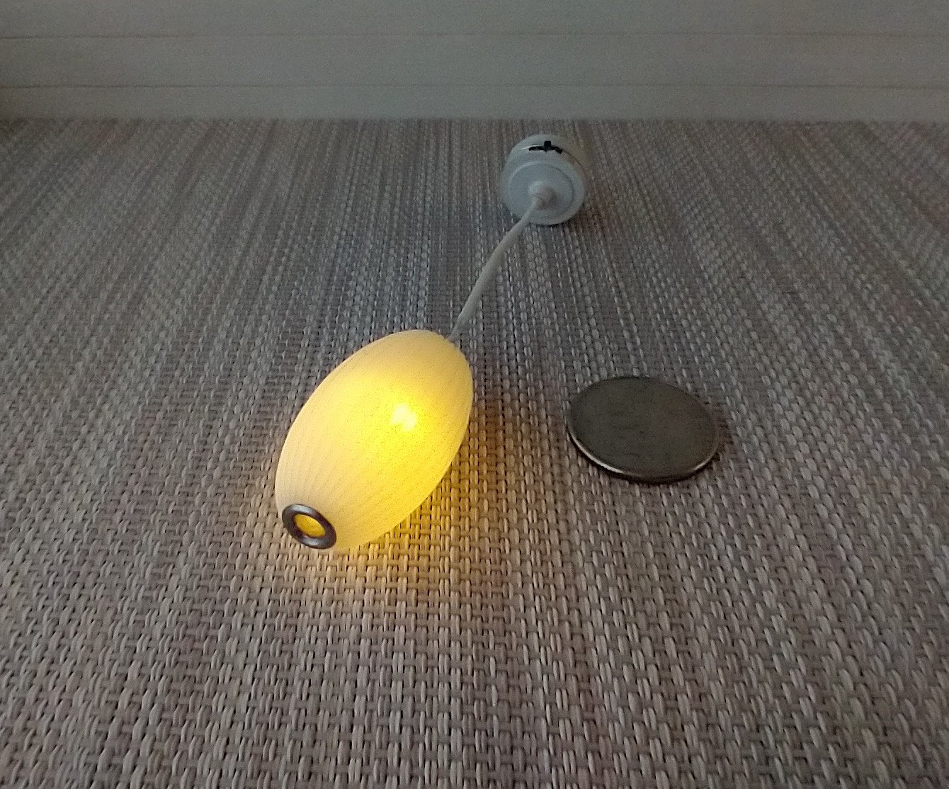 1:12 dollhouse miniature white elongated pendant light with ridges Battery operated mid-century inspired ceiling light MCM styled light