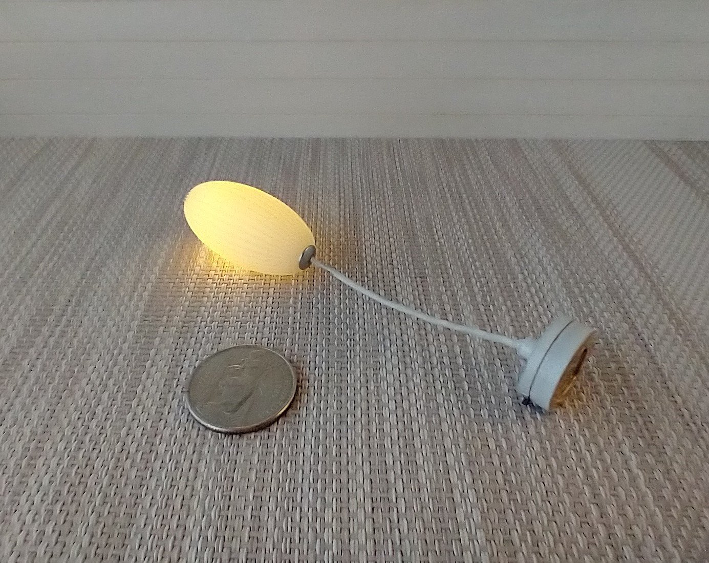 1:12 dollhouse miniature white elongated pendant light with ridges Battery operated mid-century inspired ceiling light MCM styled light