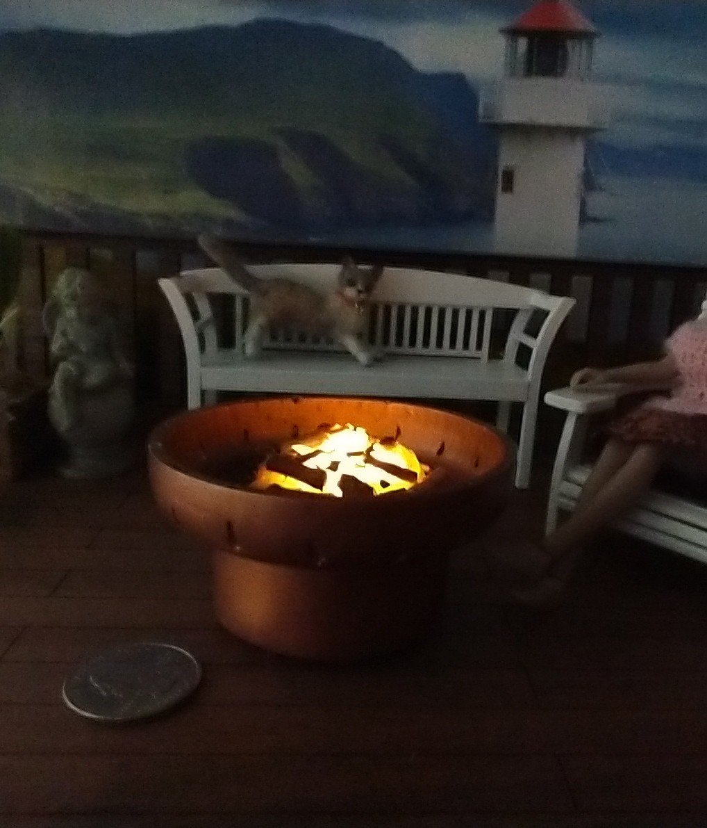 1:12 Dollhouse miniature fire pit Battery operated firepit in copper tone with flickering embers and wood sticks Dual function firepit/ patio coffee table