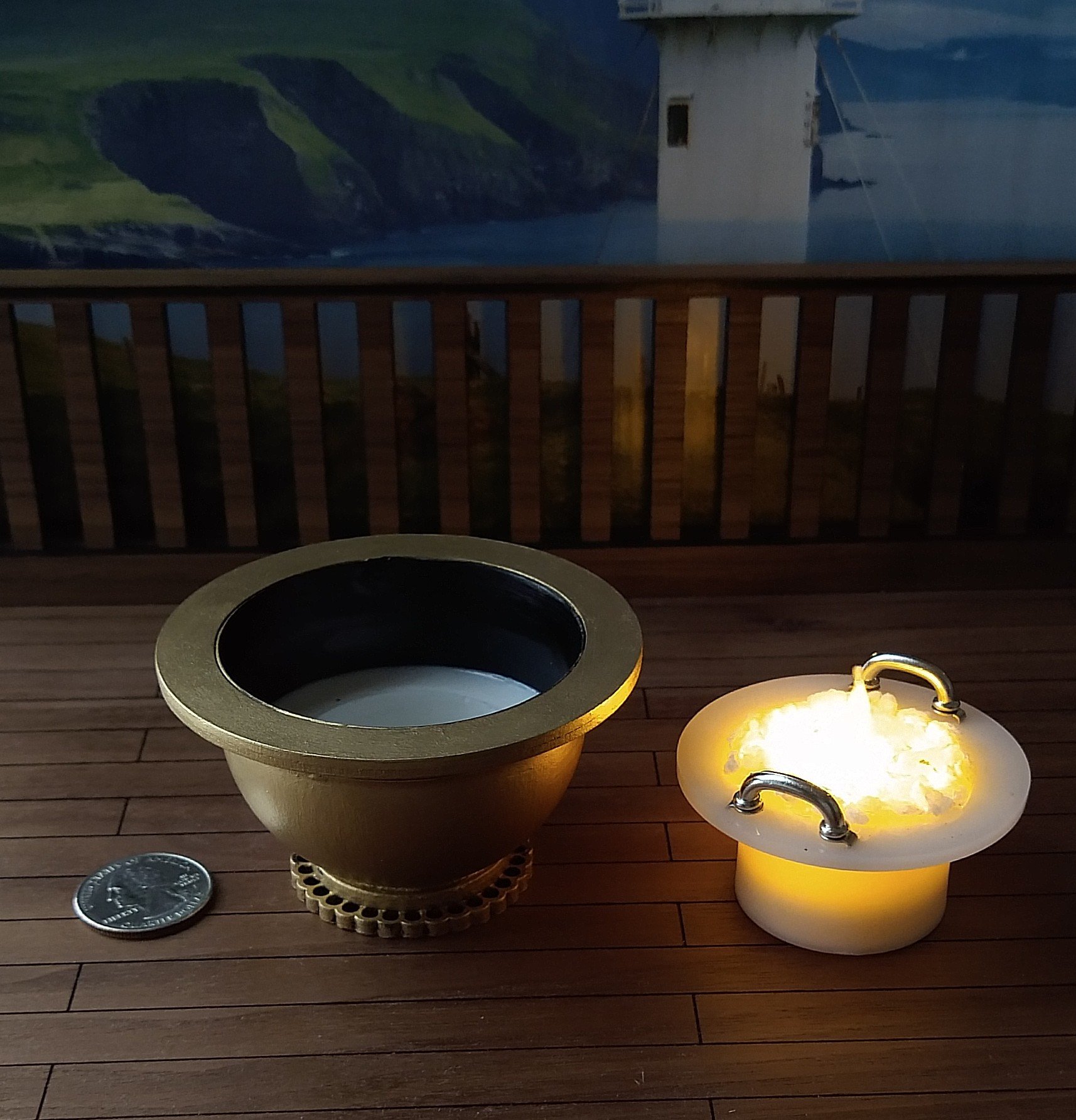 1:12 Dollhouse miniature modern style golden fire pit Battery operated faux metal fire bowl with moving flame