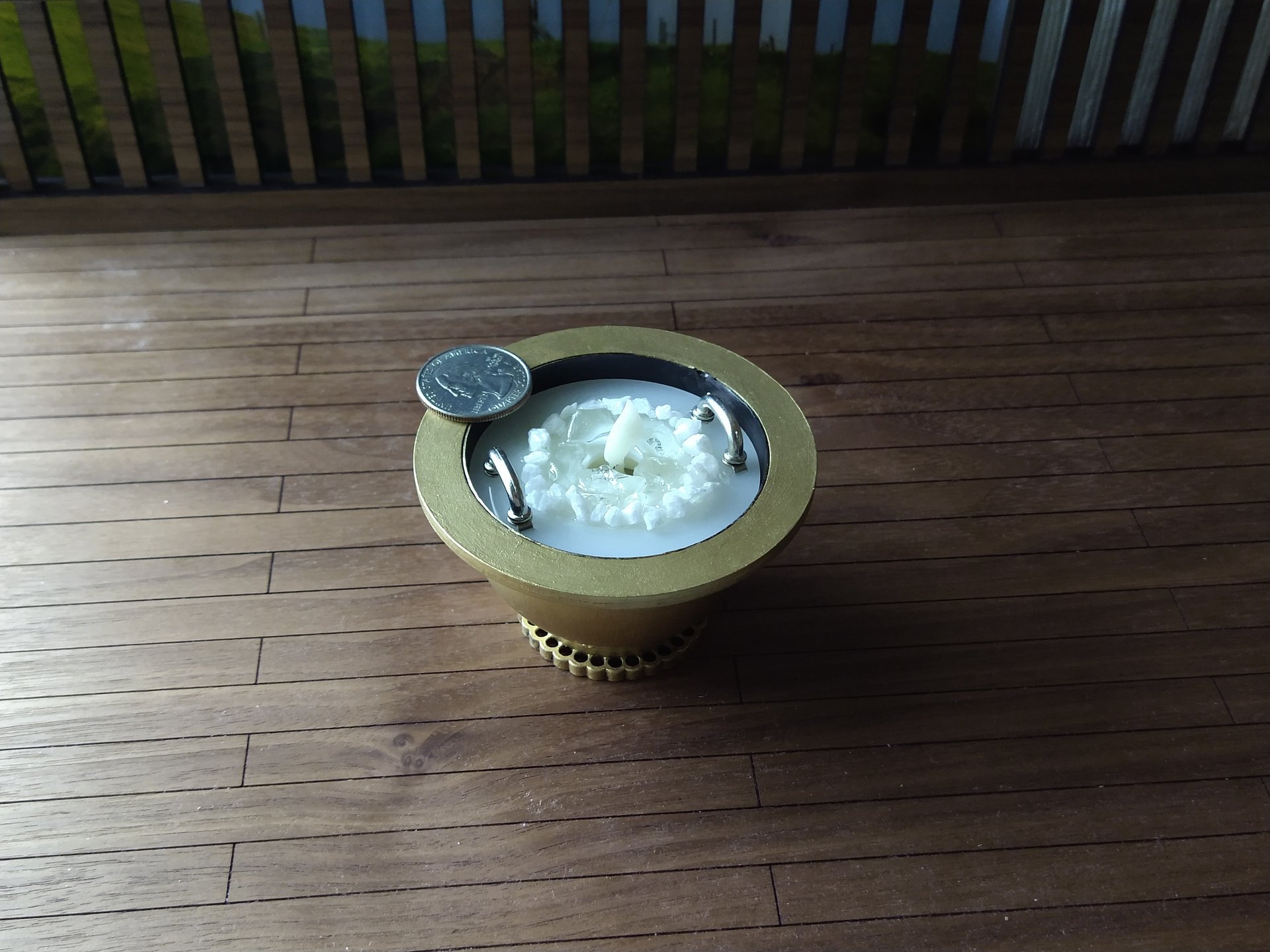 1:12 Dollhouse miniature modern style golden fire pit Battery operated faux metal fire bowl with moving flame