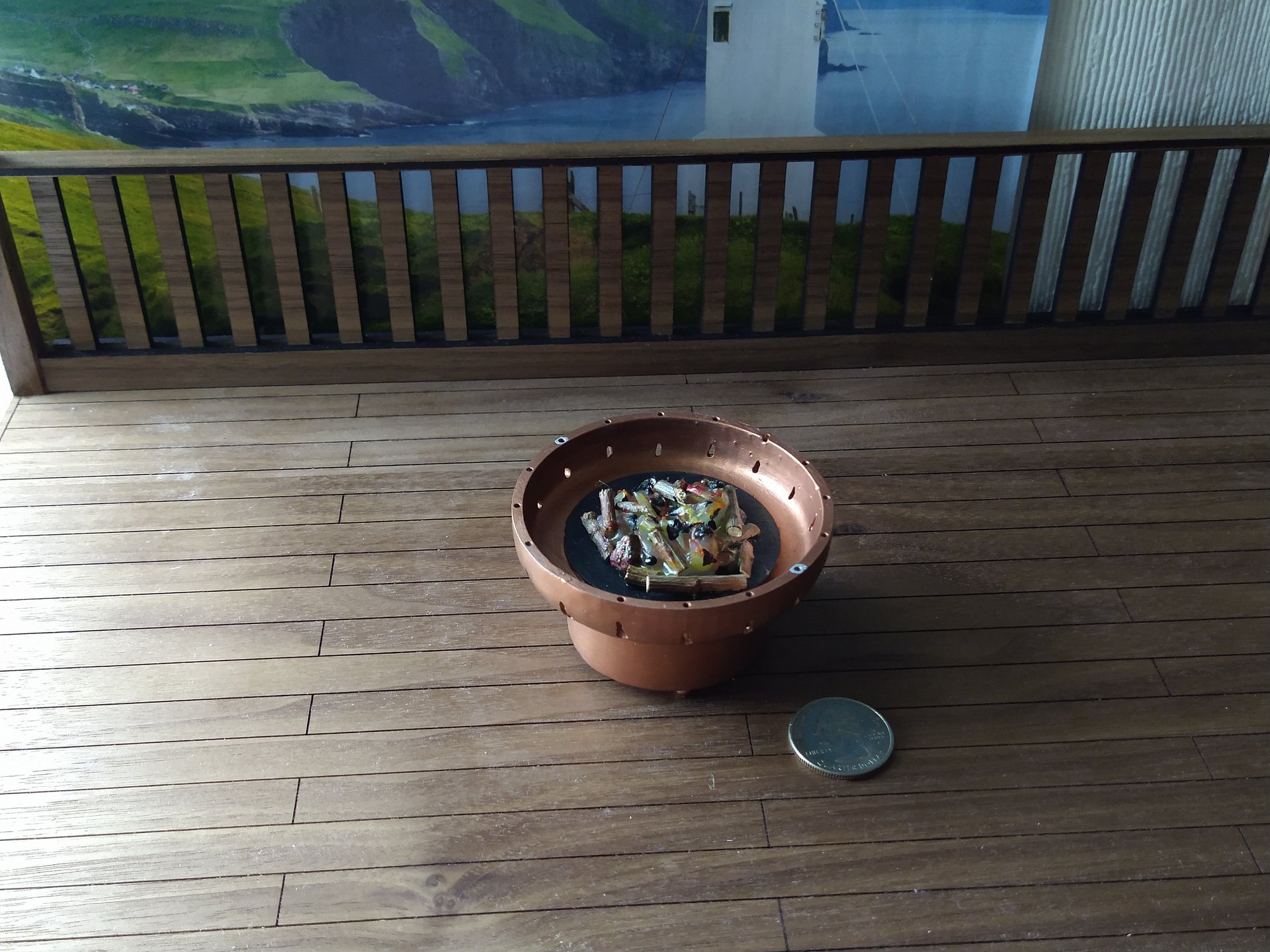 1:12 Dollhouse miniature fire pit Battery operated firepit in copper tone with flickering embers and wood sticks Dual function firepit/ patio coffee table