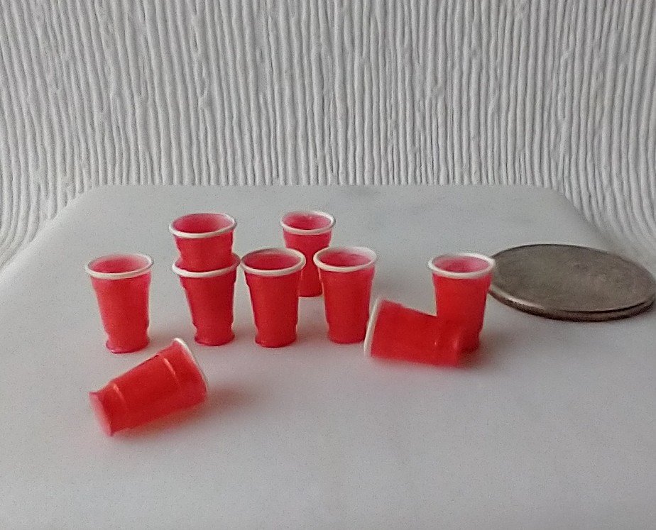 1:12 Dollhouse red cold cups Faux disposable plastic cups for cold drinnks Price is for one set of four red cold cups Height 0.42"