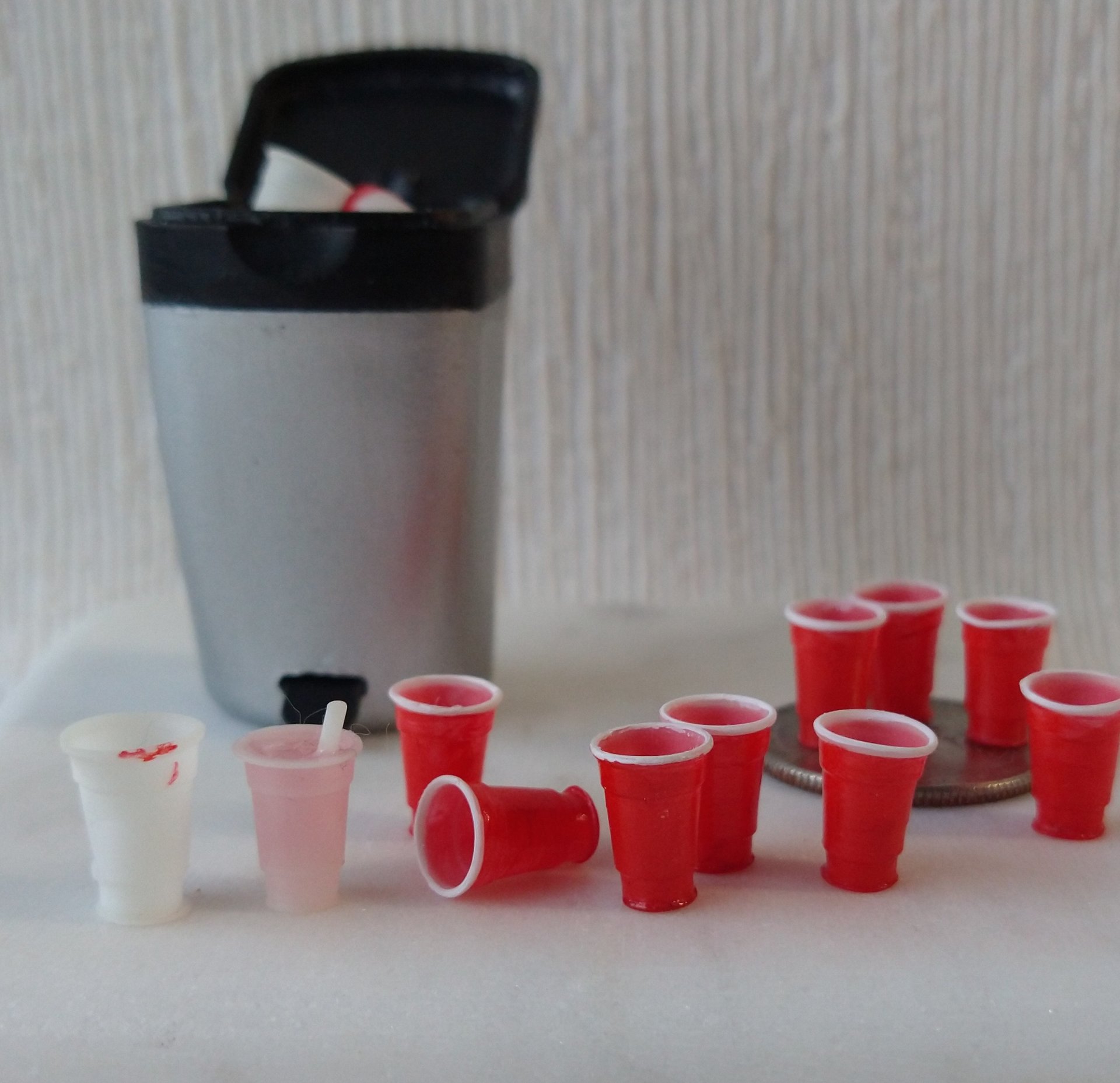 1:12 Dollhouse red cold cups Faux disposable plastic cups for cold drinnks Price is for one set of four red cold cups Height 0.42"