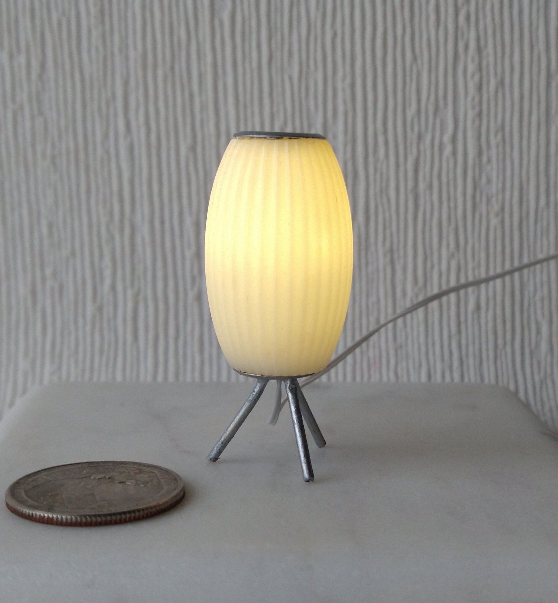 RESERVED 1:12 dollhouse miniature MCM styled lamp white elongated shade with ridges Battery operated mid-century inspired table lamp