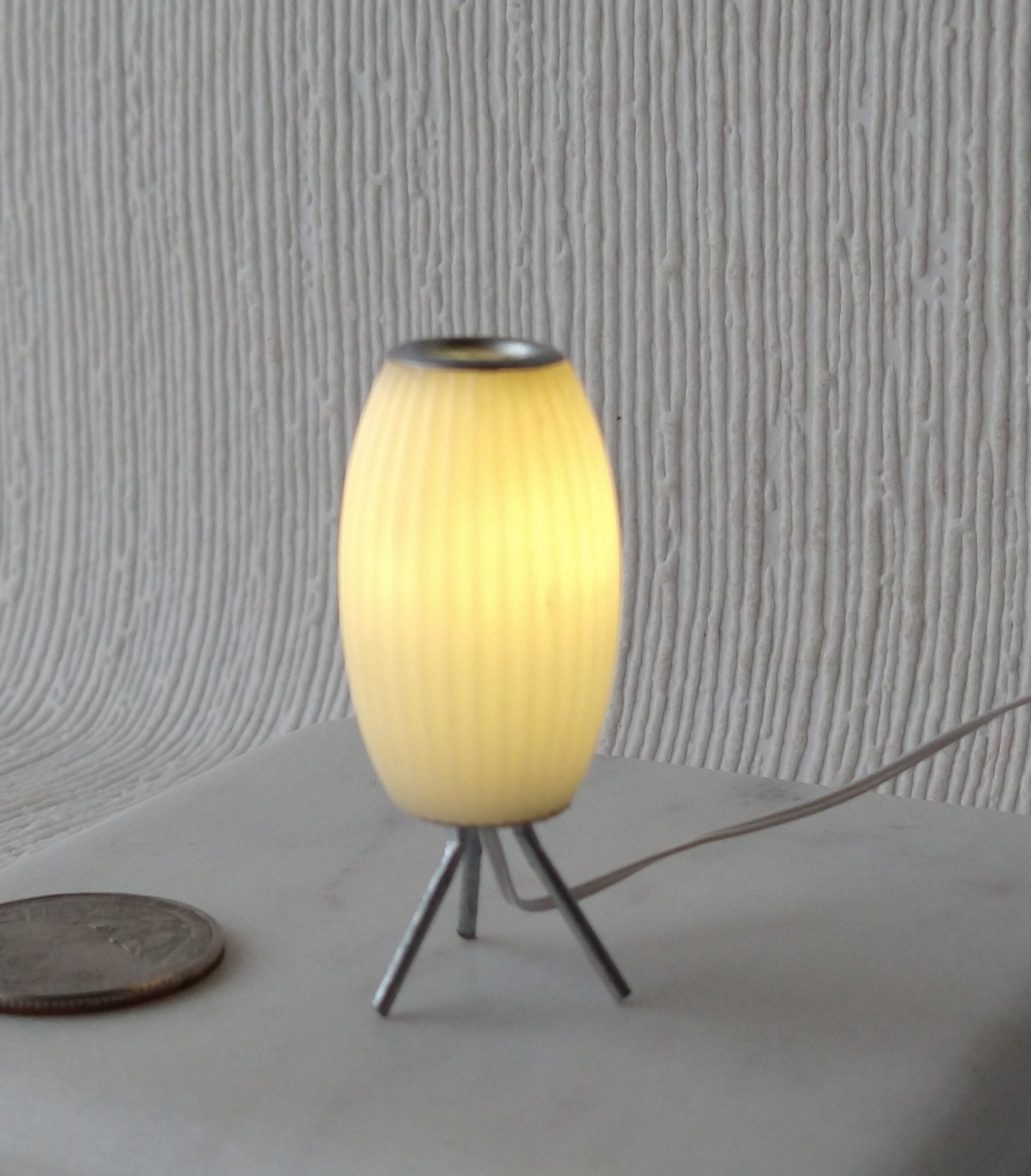 RESERVED 1:12 dollhouse miniature MCM styled lamp white elongated shade with ridges Battery operated mid-century inspired table lamp