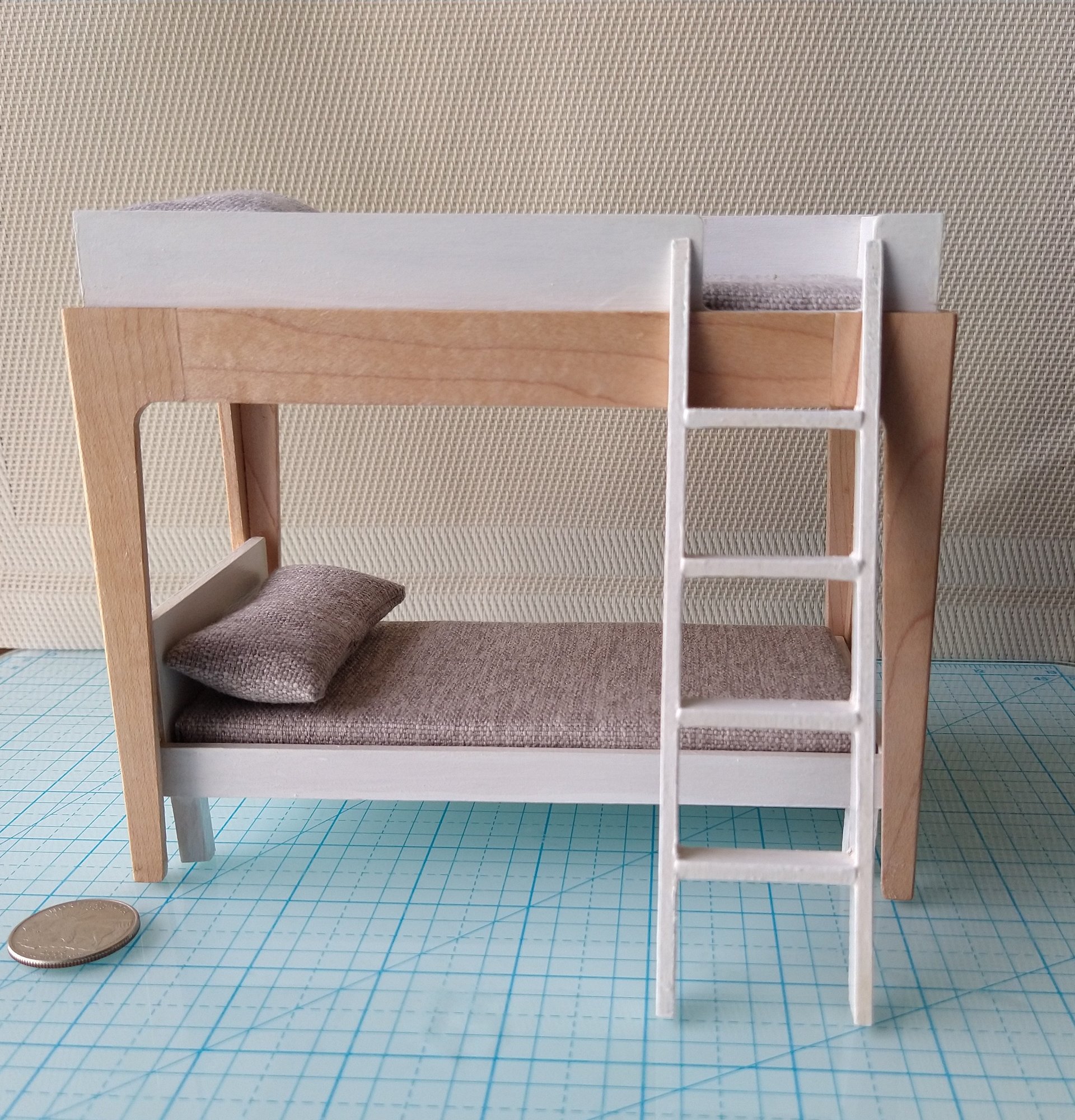 RESERVED 1:12 Dollhouse modern bunk bed with hard maple frame and legs removable lower bed, ladder, plus two fitted mattresses and two pillows
