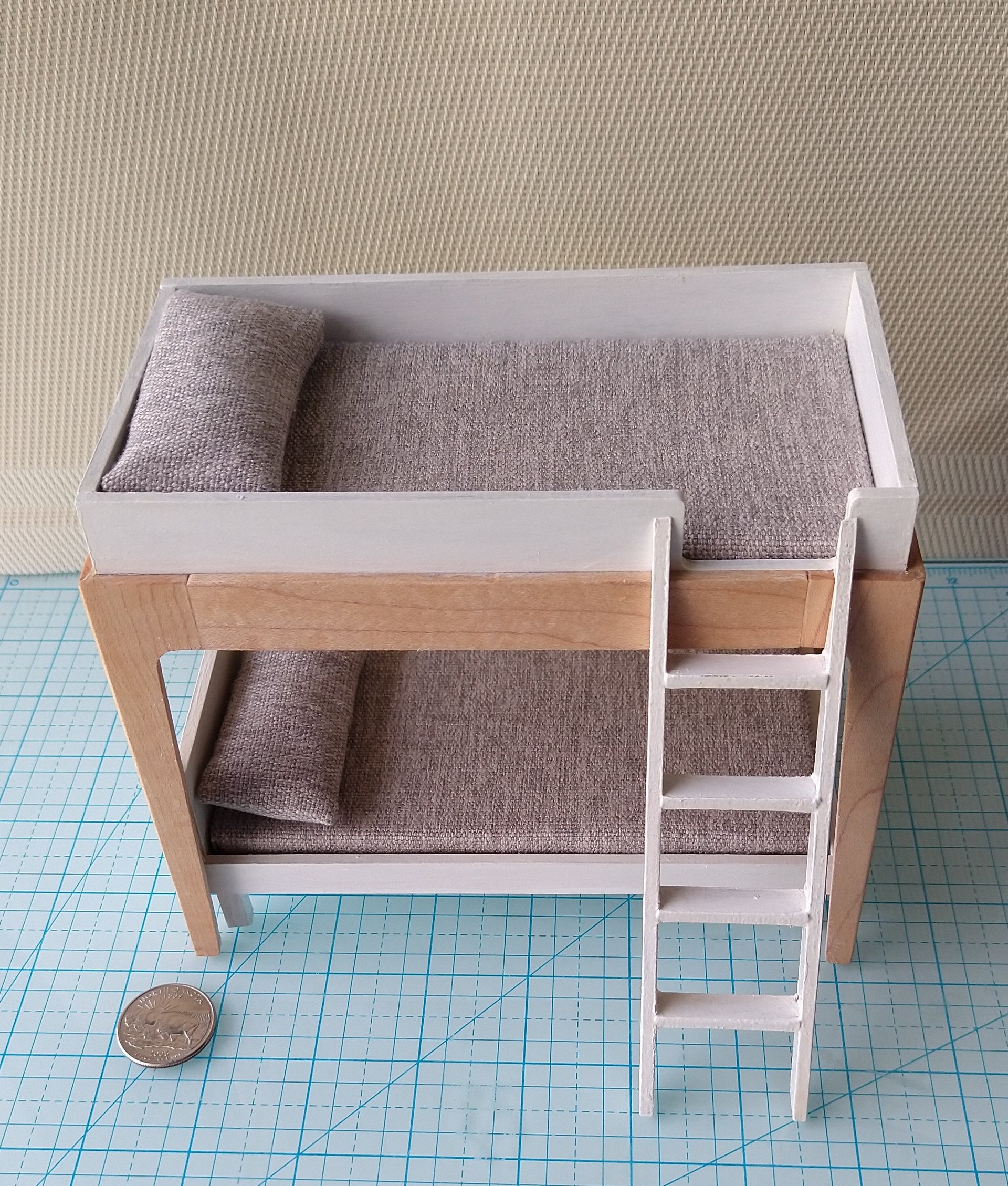 RESERVED 1:12 Dollhouse modern bunk bed with hard maple frame and legs removable lower bed, ladder, plus two fitted mattresses and two pillows