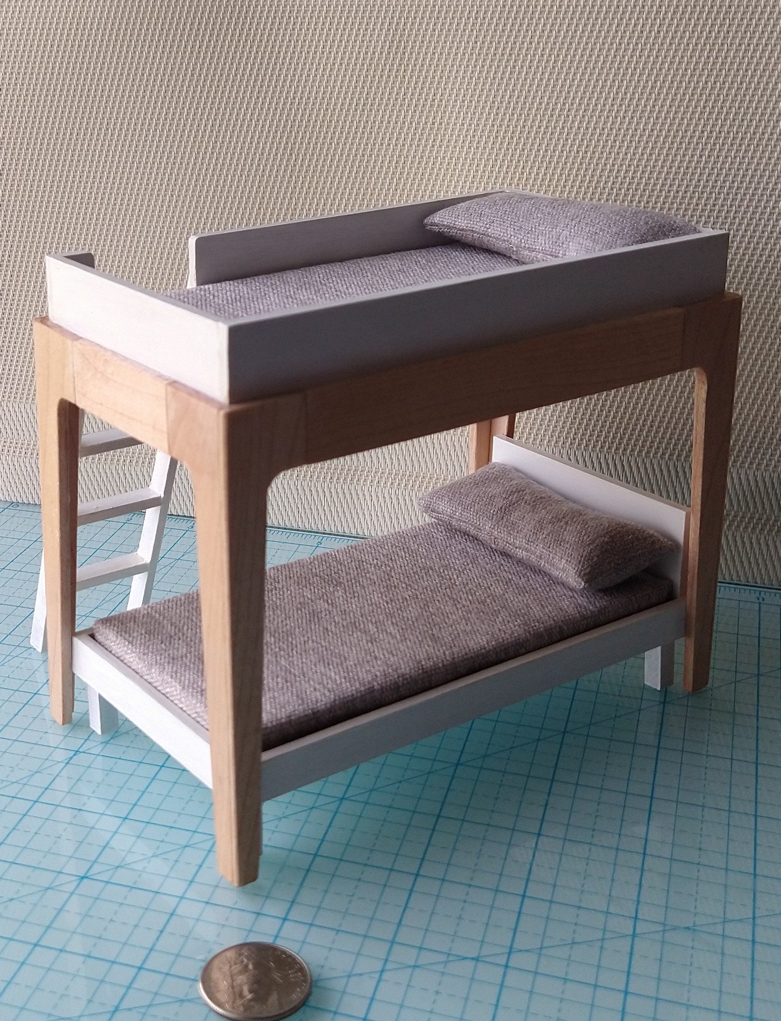 RESERVED 1:12 Dollhouse modern bunk bed with hard maple frame and legs removable lower bed, ladder, plus two fitted mattresses and two pillows