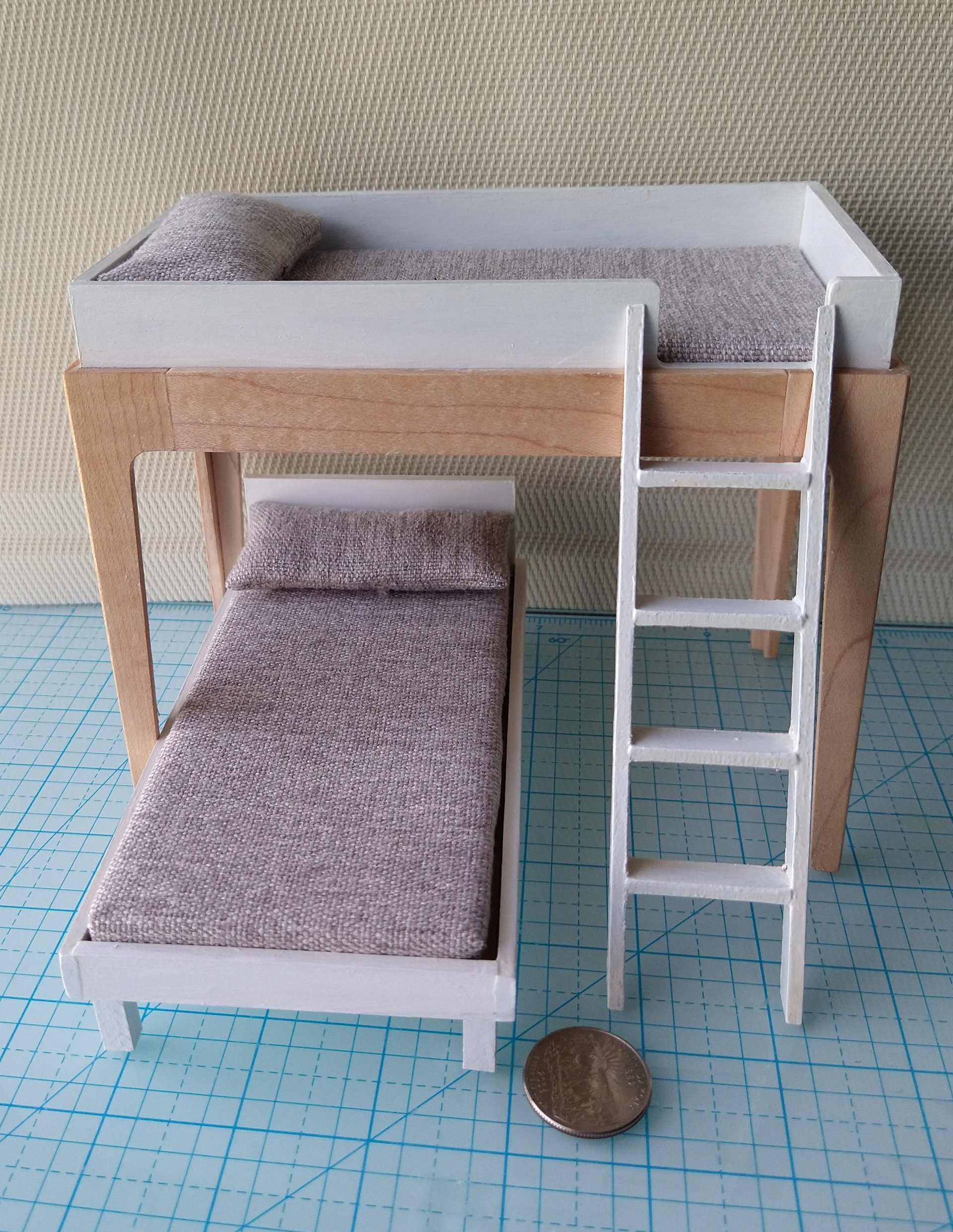 RESERVED 1:12 Dollhouse modern bunk bed with hard maple frame and legs removable lower bed, ladder, plus two fitted mattresses and two pillows