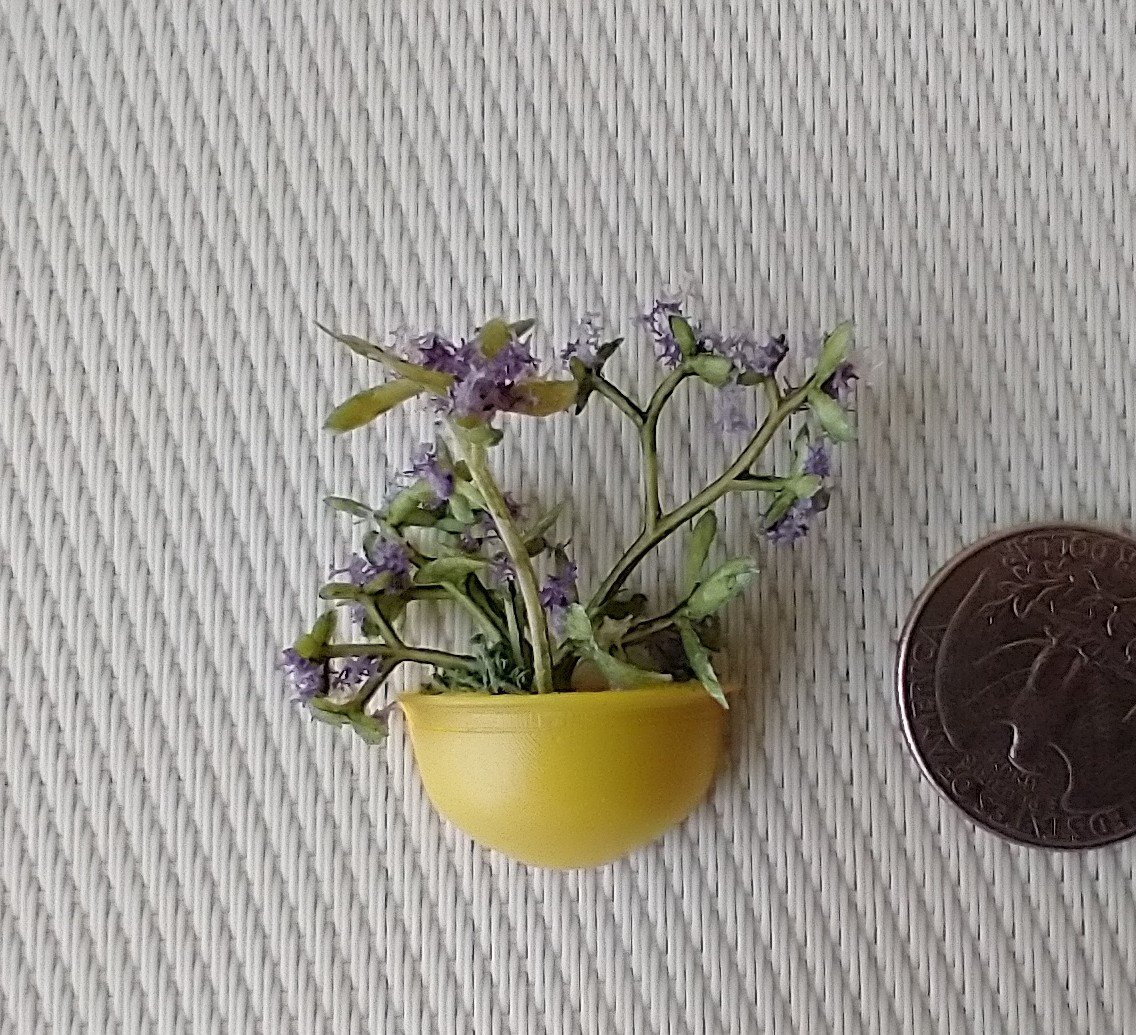 1:12 Dollhouse miniature wall planter with light green plant and lavender flowers REF Big yellow lavender
