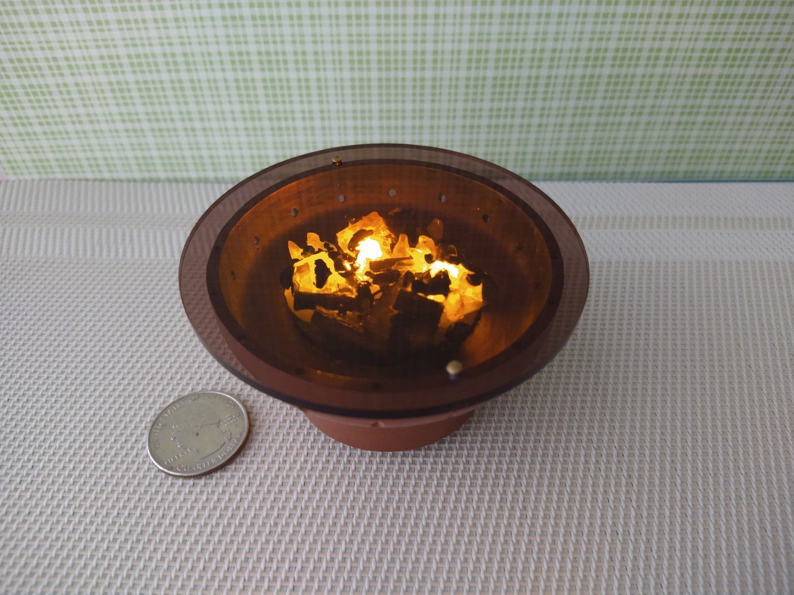 RESERVED 1:12 Dollhouse miniature fire pit Battery operated firepit in copper tone with flickering embers and wood sticks Dual function firepit/ patio coffee table