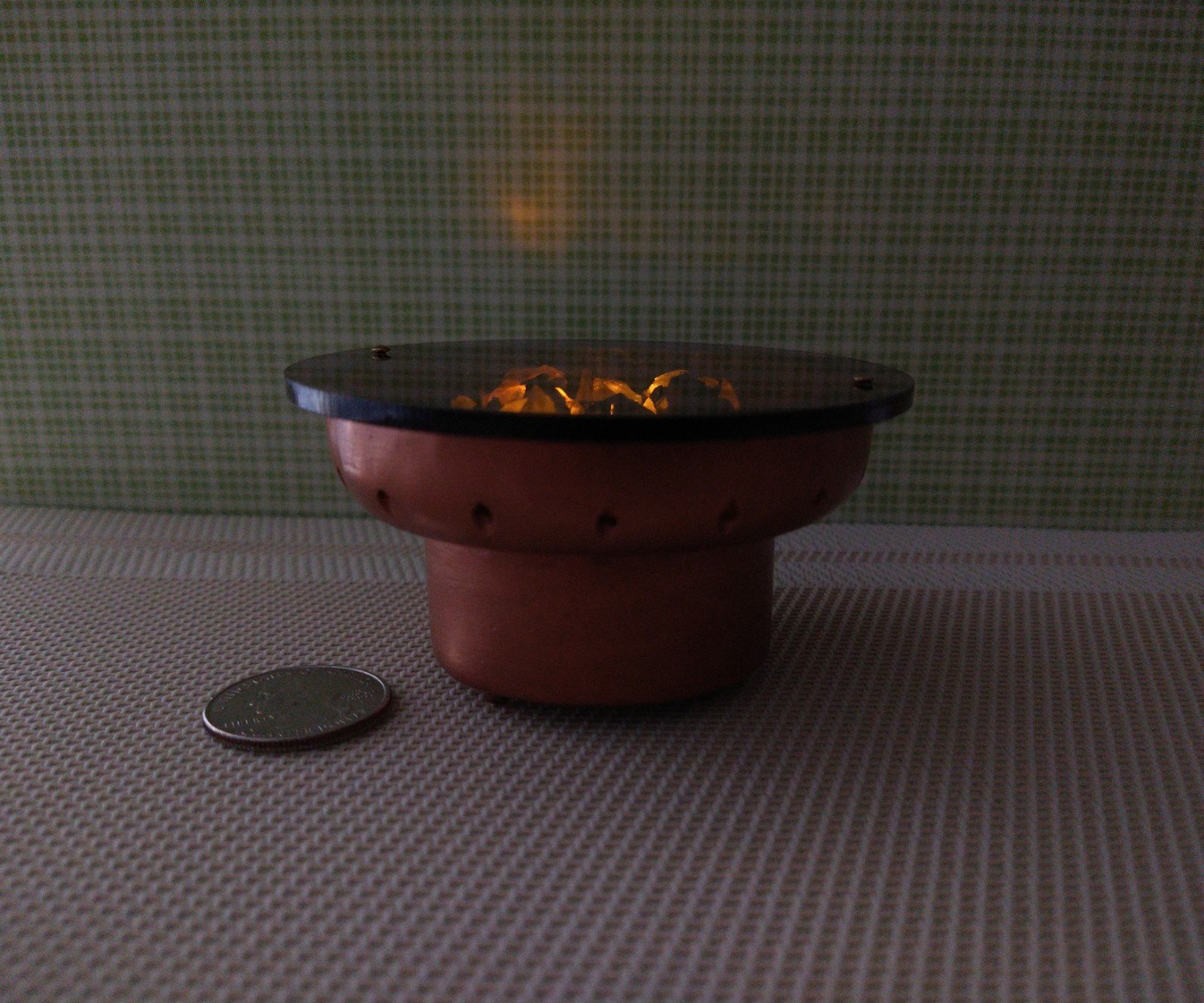 RESERVED 1:12 Dollhouse miniature fire pit Battery operated firepit in copper tone with flickering embers and wood sticks Dual function firepit/ patio coffee table