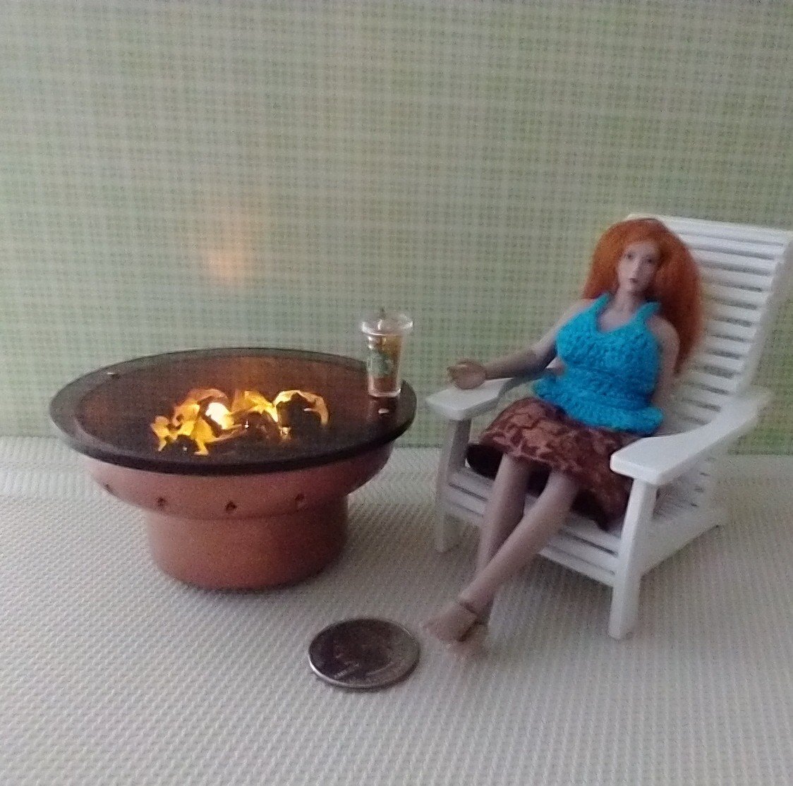 RESERVED 1:12 Dollhouse miniature fire pit Battery operated firepit in copper tone with flickering embers and wood sticks Dual function firepit/ patio coffee table