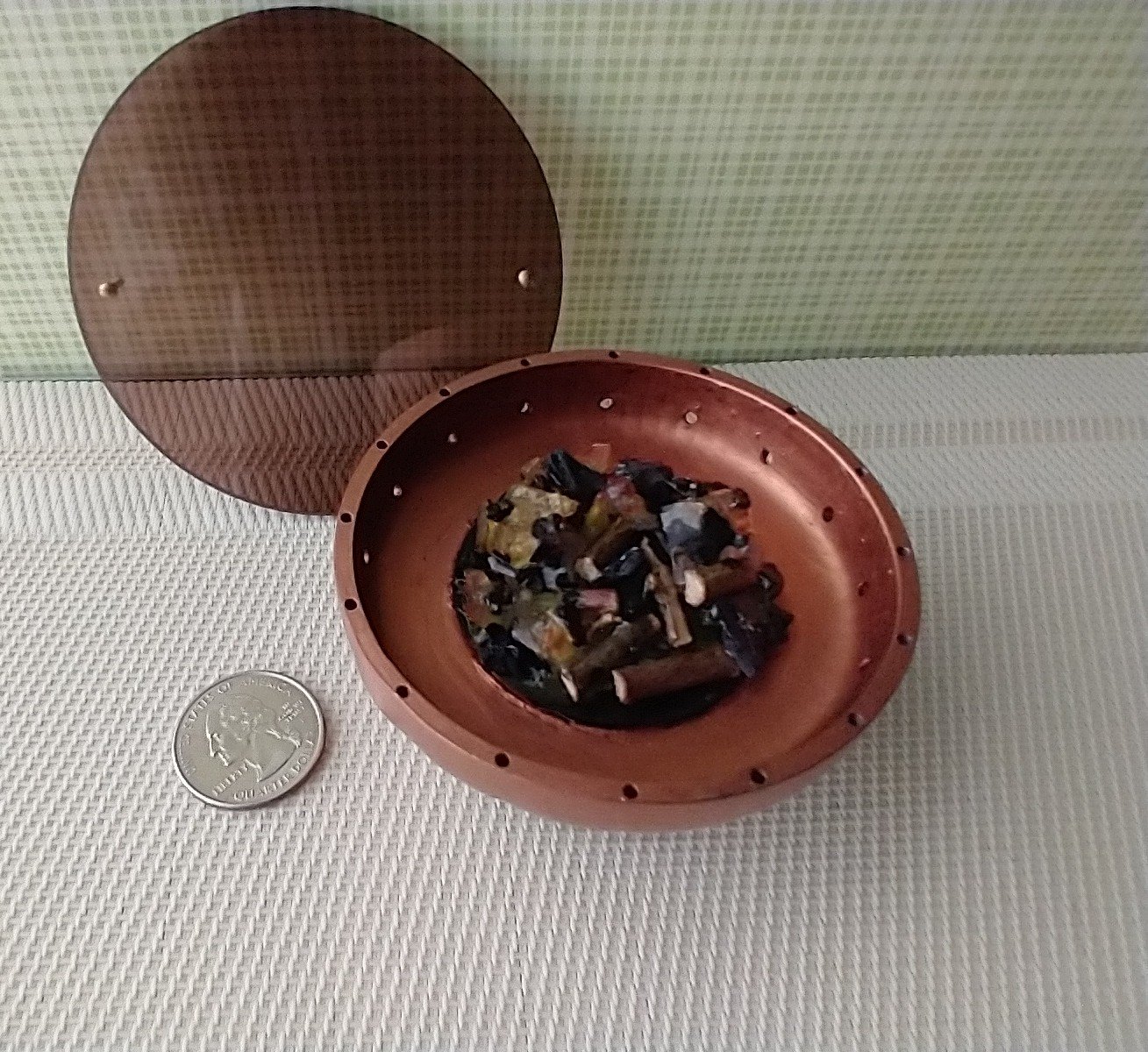 RESERVED 1:12 Dollhouse miniature fire pit Battery operated firepit in copper tone with flickering embers and wood sticks Dual function firepit/ patio coffee table