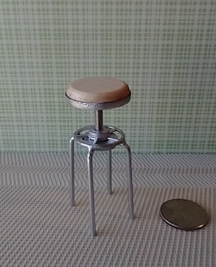 1:12 dollhouse workshop stool hard maple wood seat with adjustable seat height metal legs