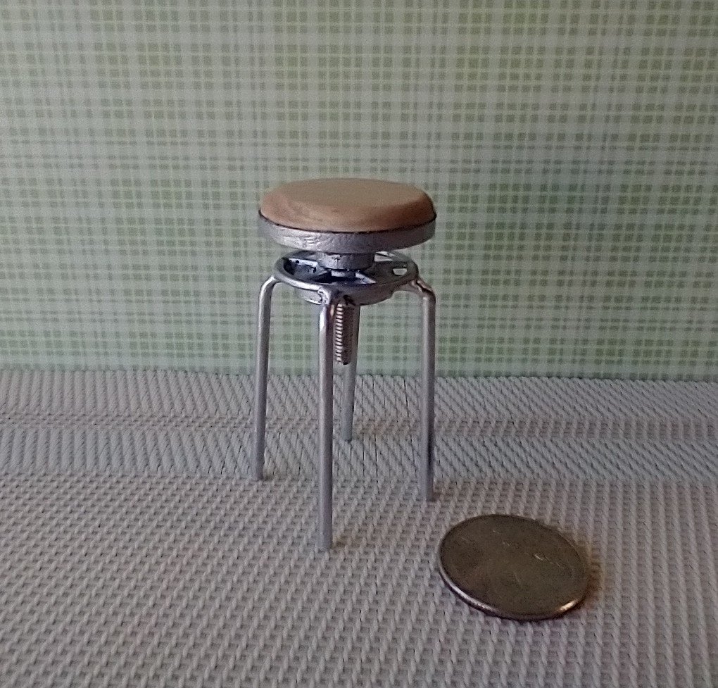 1:12 dollhouse workshop stool hard maple wood seat with adjustable seat height metal legs