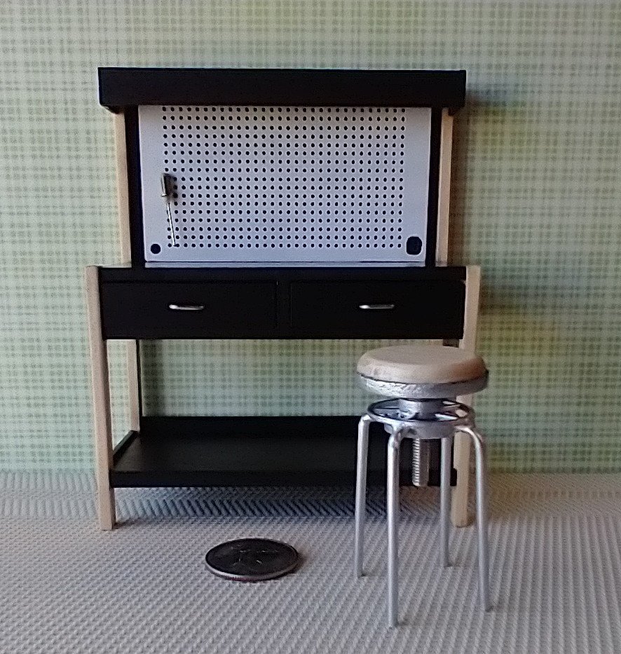 1:12 dollhouse workshop stool hard maple wood seat with adjustable seat height metal legs
