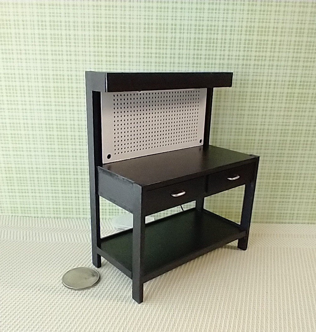 1:12 dollhouse multi-purpose black work bench with peg board AND built-in battery operated light and two working drawers