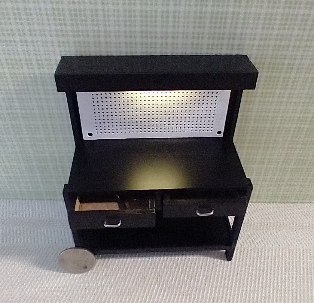 1:12 dollhouse multi-purpose black work bench with peg board AND built-in battery operated light and two working drawers