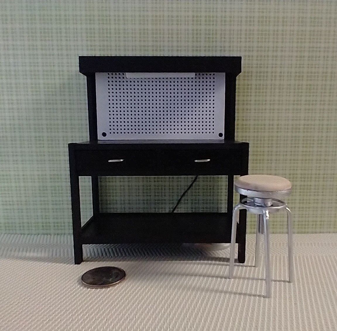 1:12 dollhouse multi-purpose black work bench with peg board AND built-in battery operated light and two working drawers