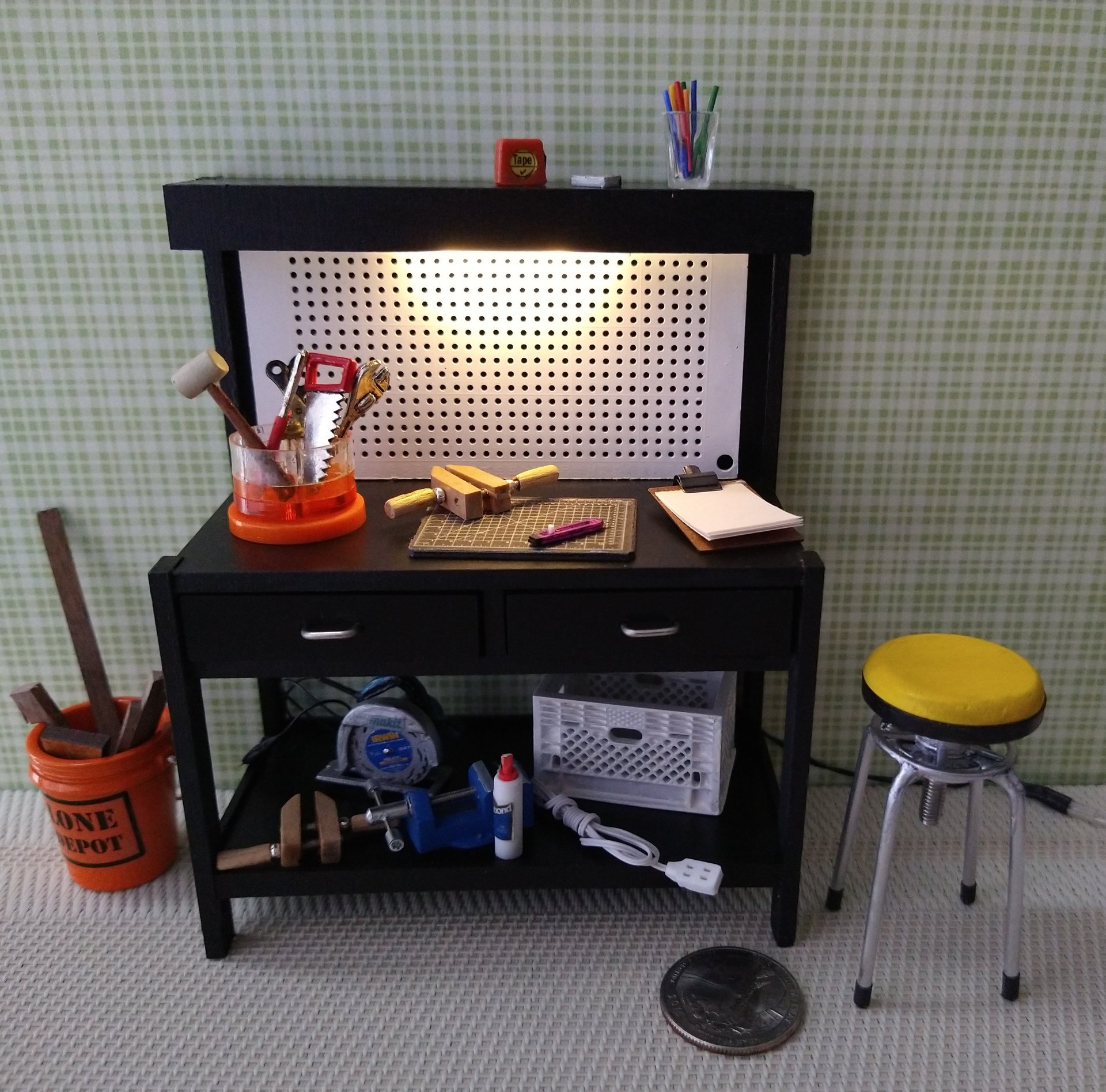 1:12 dollhouse multi-purpose black work bench with peg board AND built-in battery operated light and two working drawers