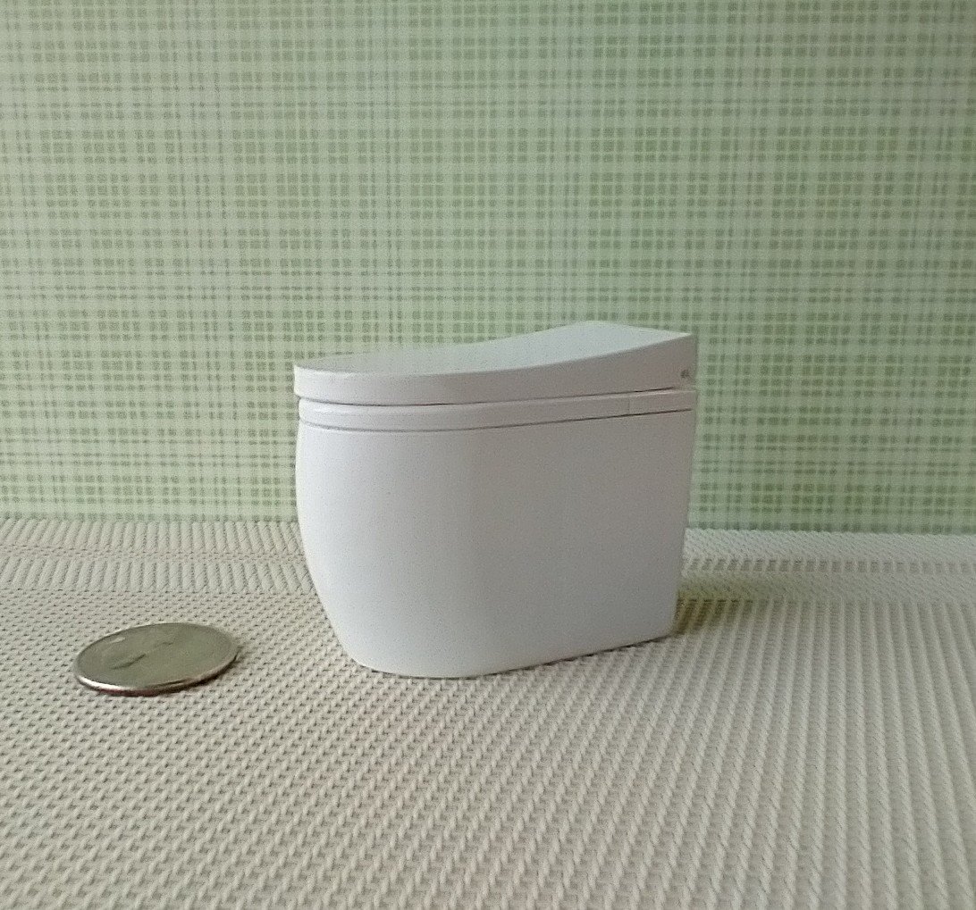 RESERVED 1:12 dollhouse miniature modern elongated toilet inspired by Japanese tankless double flush one-piece floor mount toilet