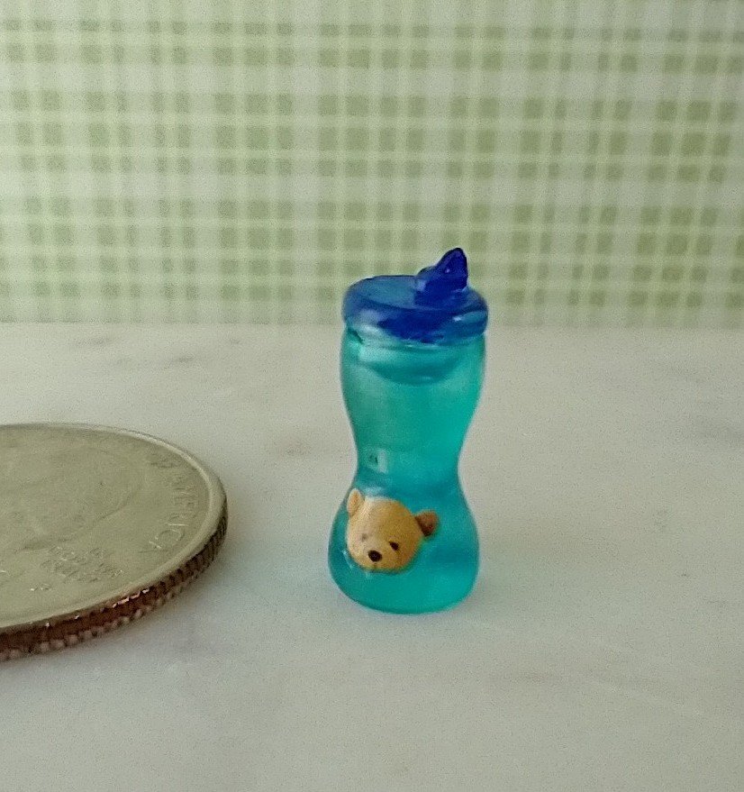 1:12 Dollhouse miniature sippy cup in blue with teddy bear decal REF teddy
