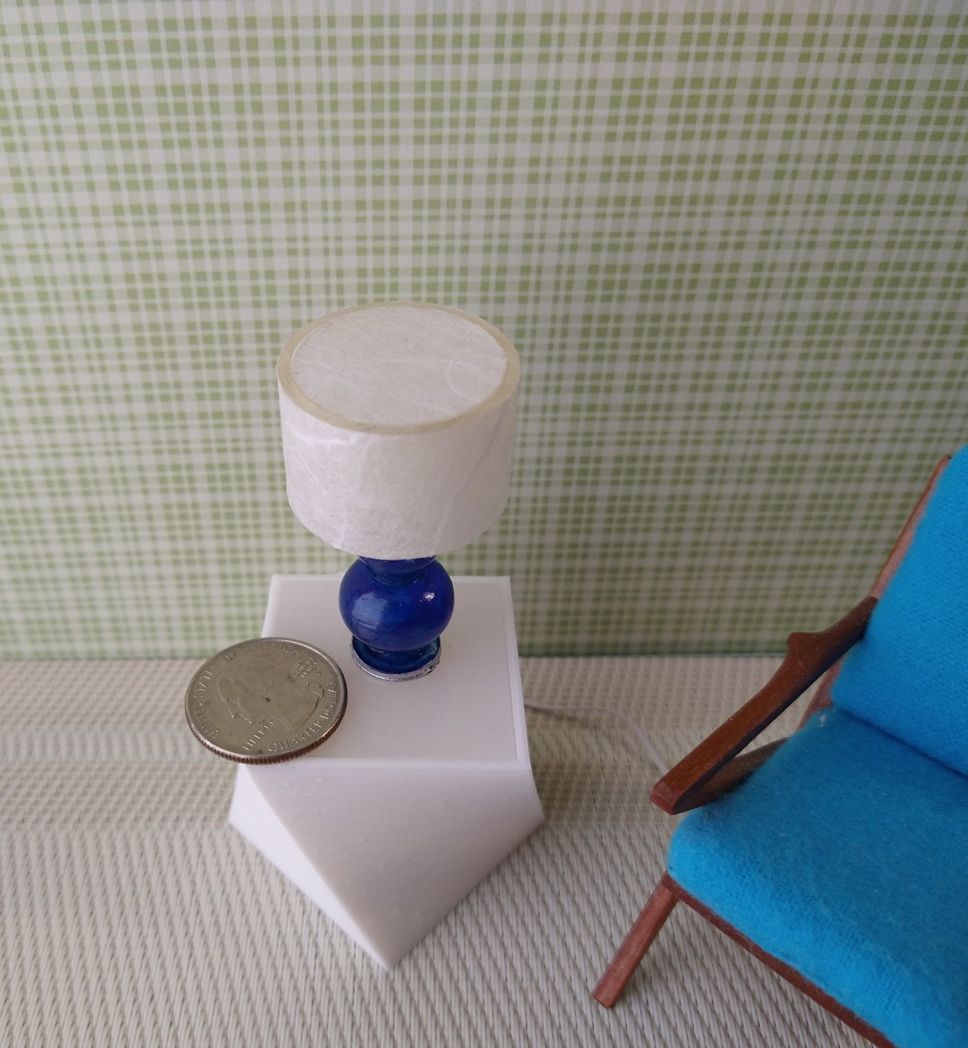 1:12 Dollhouse table lamp with cobalt blue gourd shaped post Battery operated dollhouse lamp on external wires