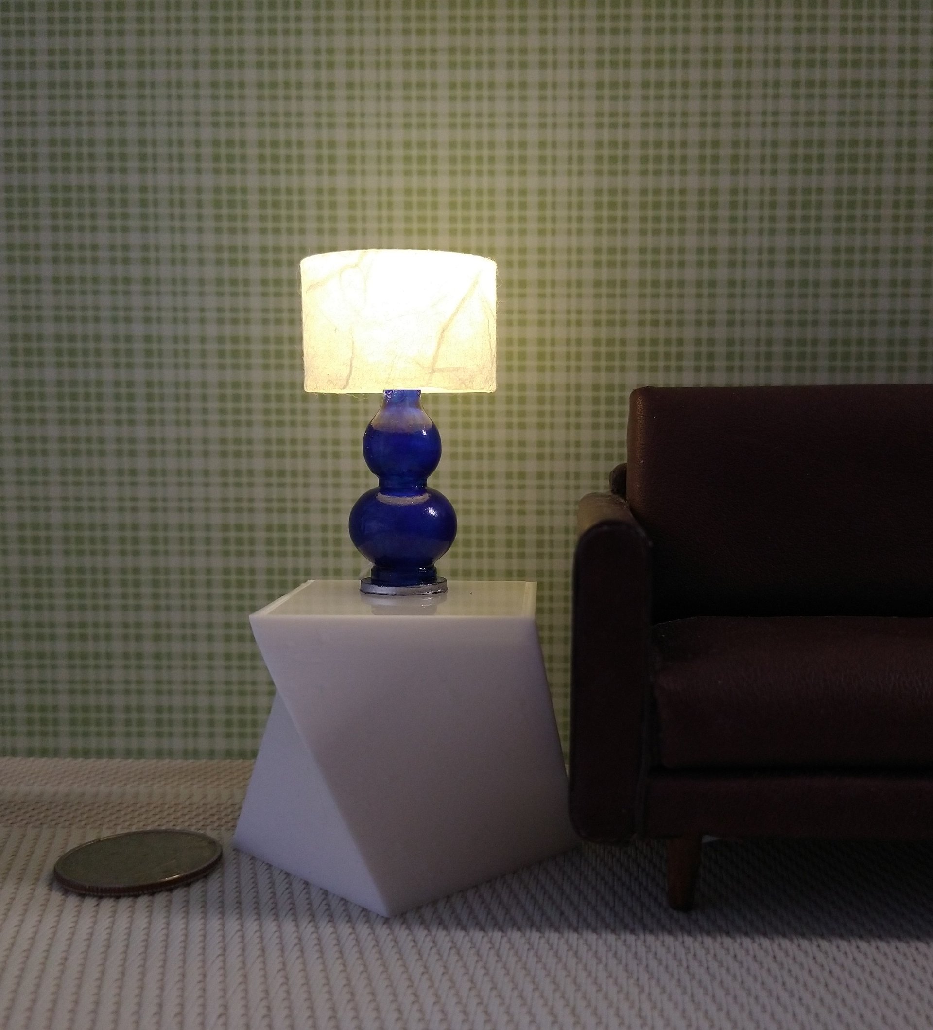 1:12 Dollhouse table lamp with cobalt blue gourd shaped post Battery operated dollhouse lamp on external wires