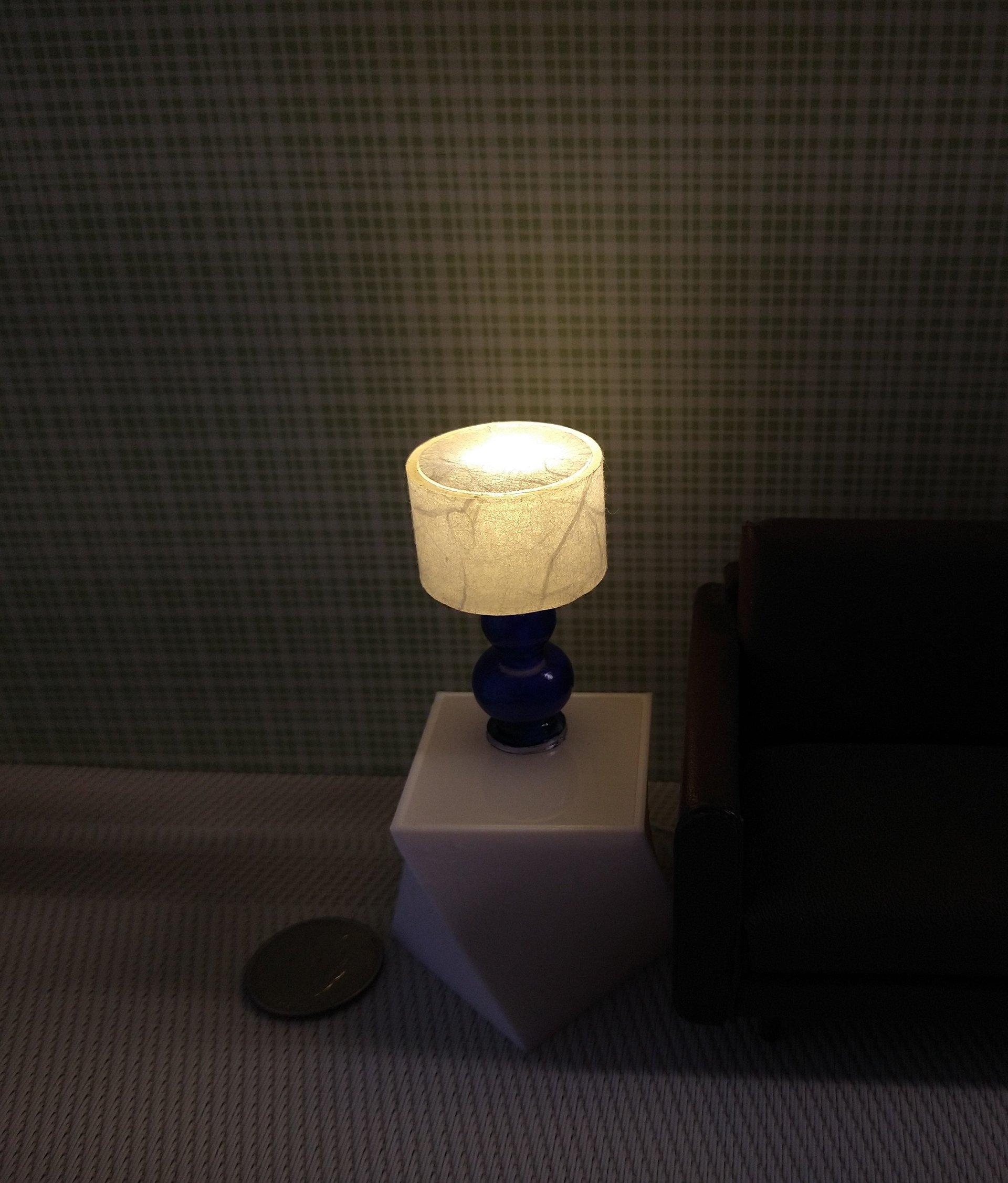 1:12 Dollhouse table lamp with cobalt blue gourd shaped post Battery operated dollhouse lamp on external wires