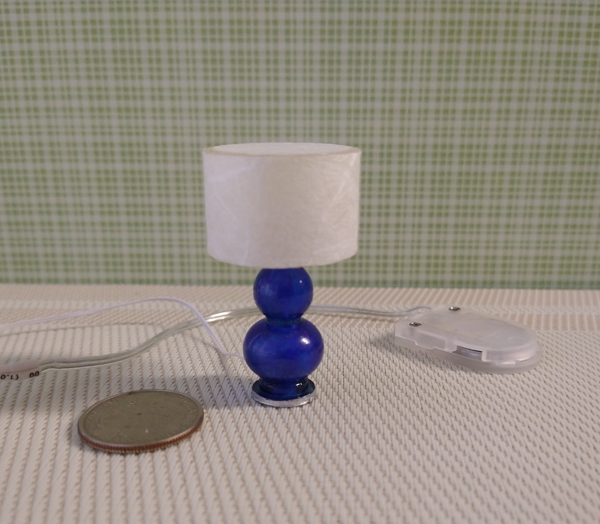 1:12 Dollhouse table lamp with cobalt blue gourd shaped post Battery operated dollhouse lamp on external wires