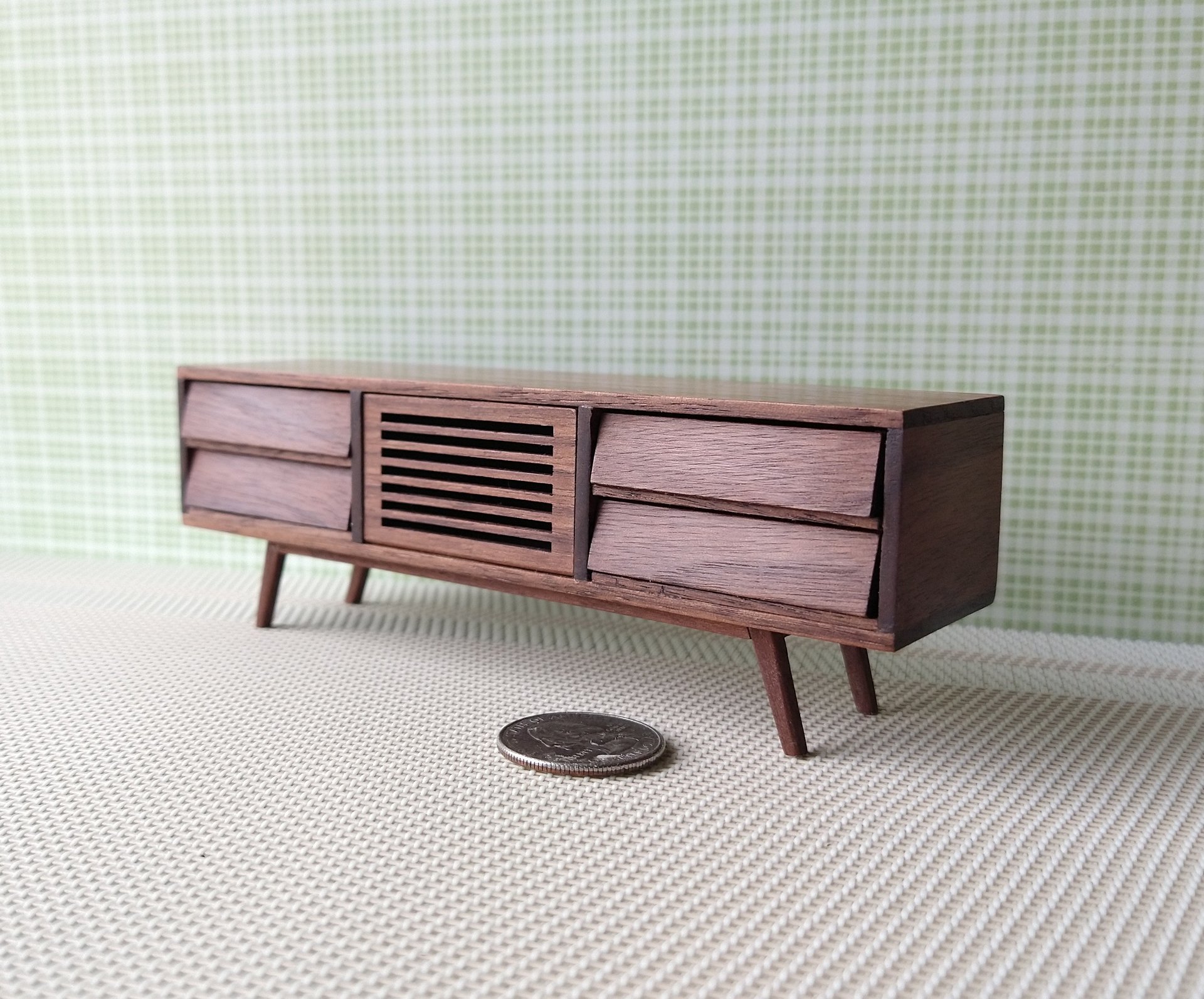 1:12 dollhouse TV canbinet in solid walnut Mid-century modern media console cabinet MCM media cabinet or lowboard cabinet