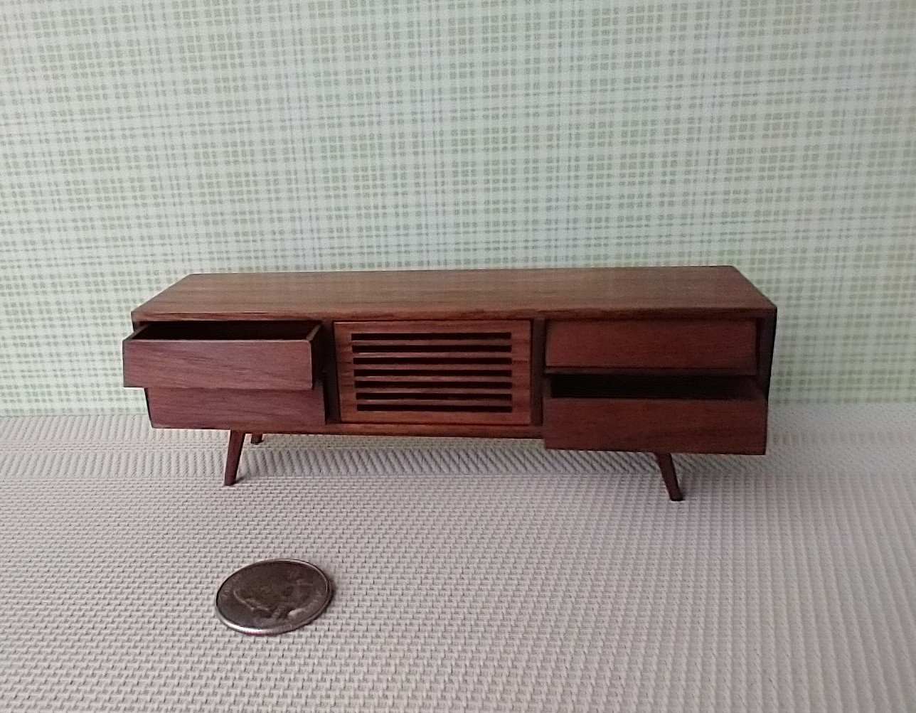 1:12 dollhouse TV canbinet in solid walnut Mid-century modern media console cabinet MCM media cabinet or lowboard cabinet