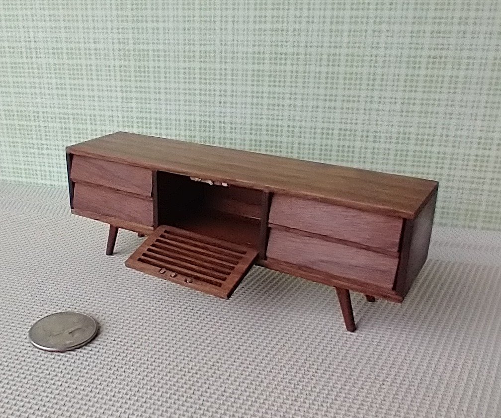 1:12 dollhouse TV canbinet in solid walnut Mid-century modern media console cabinet MCM media cabinet or lowboard cabinet