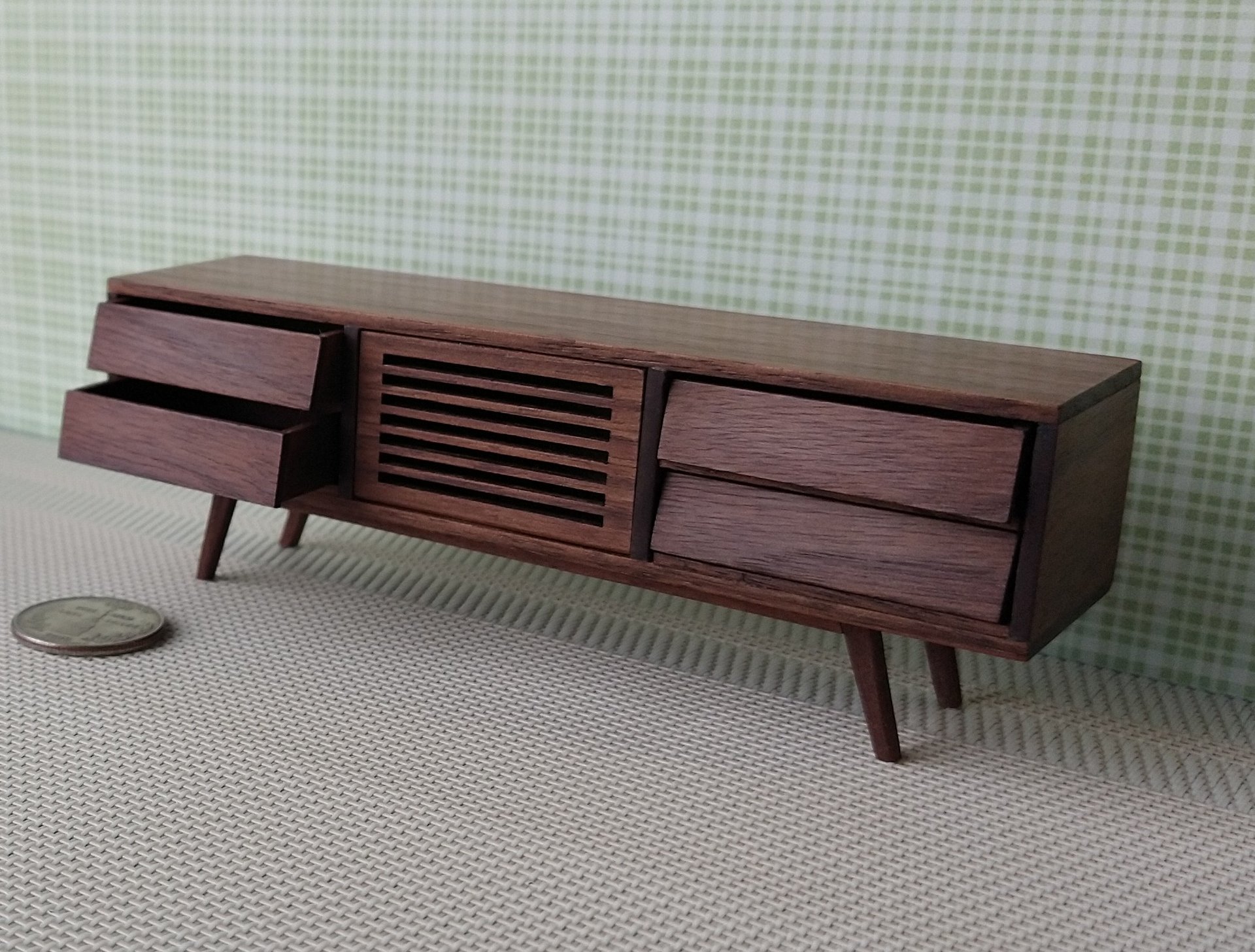 1:12 dollhouse TV canbinet in solid walnut Mid-century modern media console cabinet MCM media cabinet or lowboard cabinet
