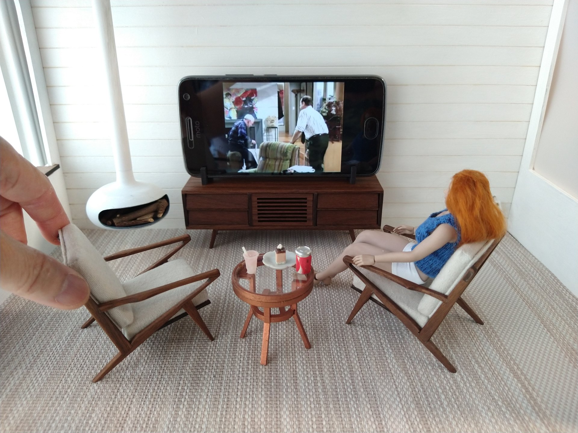 1:12 dollhouse TV canbinet in solid walnut Mid-century modern media console cabinet MCM media cabinet or lowboard cabinet